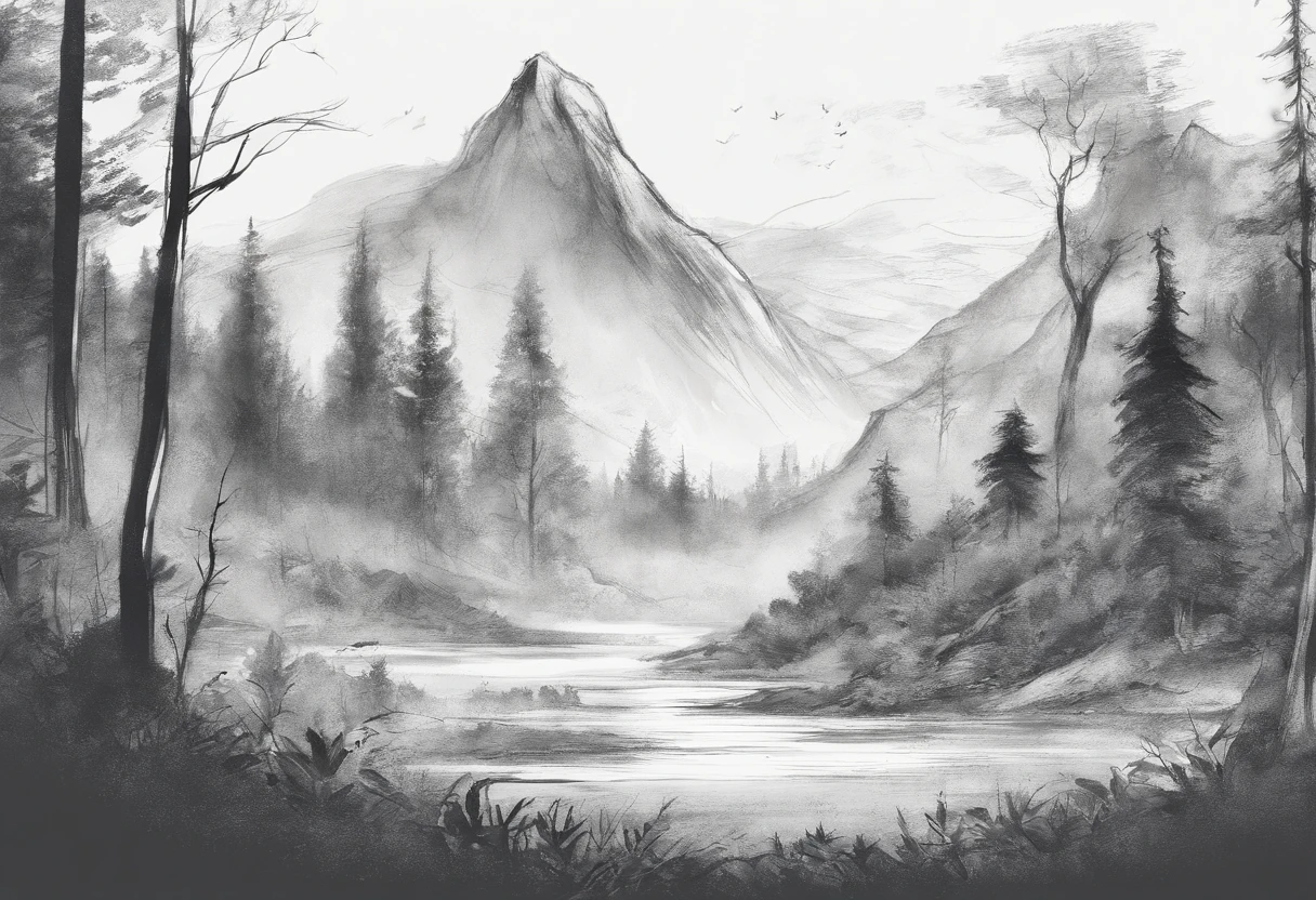 Mountain landscape, deciduous forests, charcoal sketch, very detailed and delicate