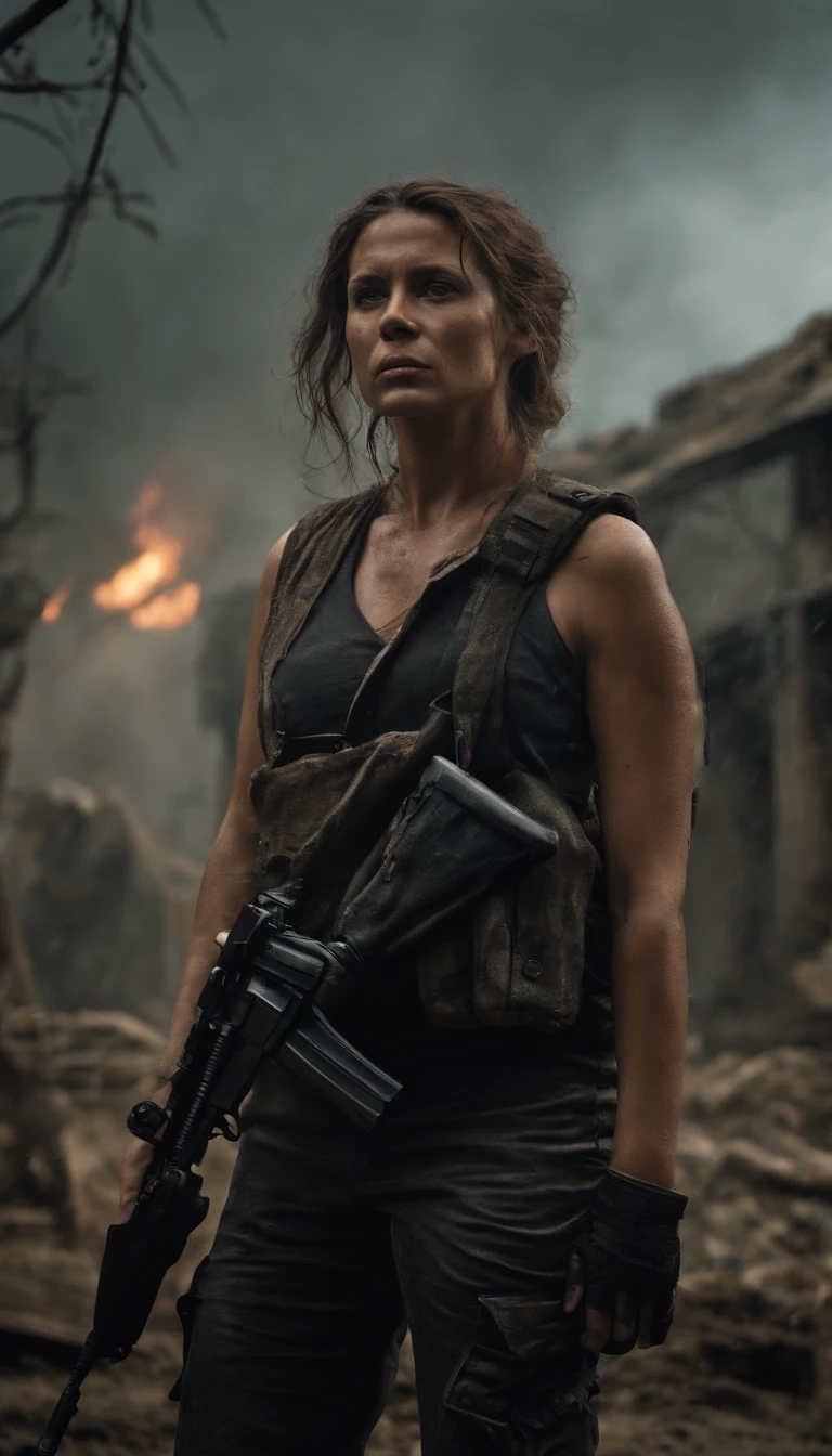 "(best quality,4k,highres:1.2),a woman holding an assault rifle,in a desolate and run-down city,sinister atmosphere,zombie virus outbreak,post-apocalyptic world,zombies everywhere,incredibly detailed lighting,ultra-realistic,realistic lighting,abandoned buildings,dilapidated streets,dark alleys,crumbling infrastructure,dystopian setting,overgrown vegetation,gloomy color palette,heavy rain pouring down,dramatic clouds and lightning,hauntingly beautiful,epic destruction and chaos,action-packed scene,heroic expression on the woman's face,tense and intense atmosphere,smoke and fog enveloping the surroundings"