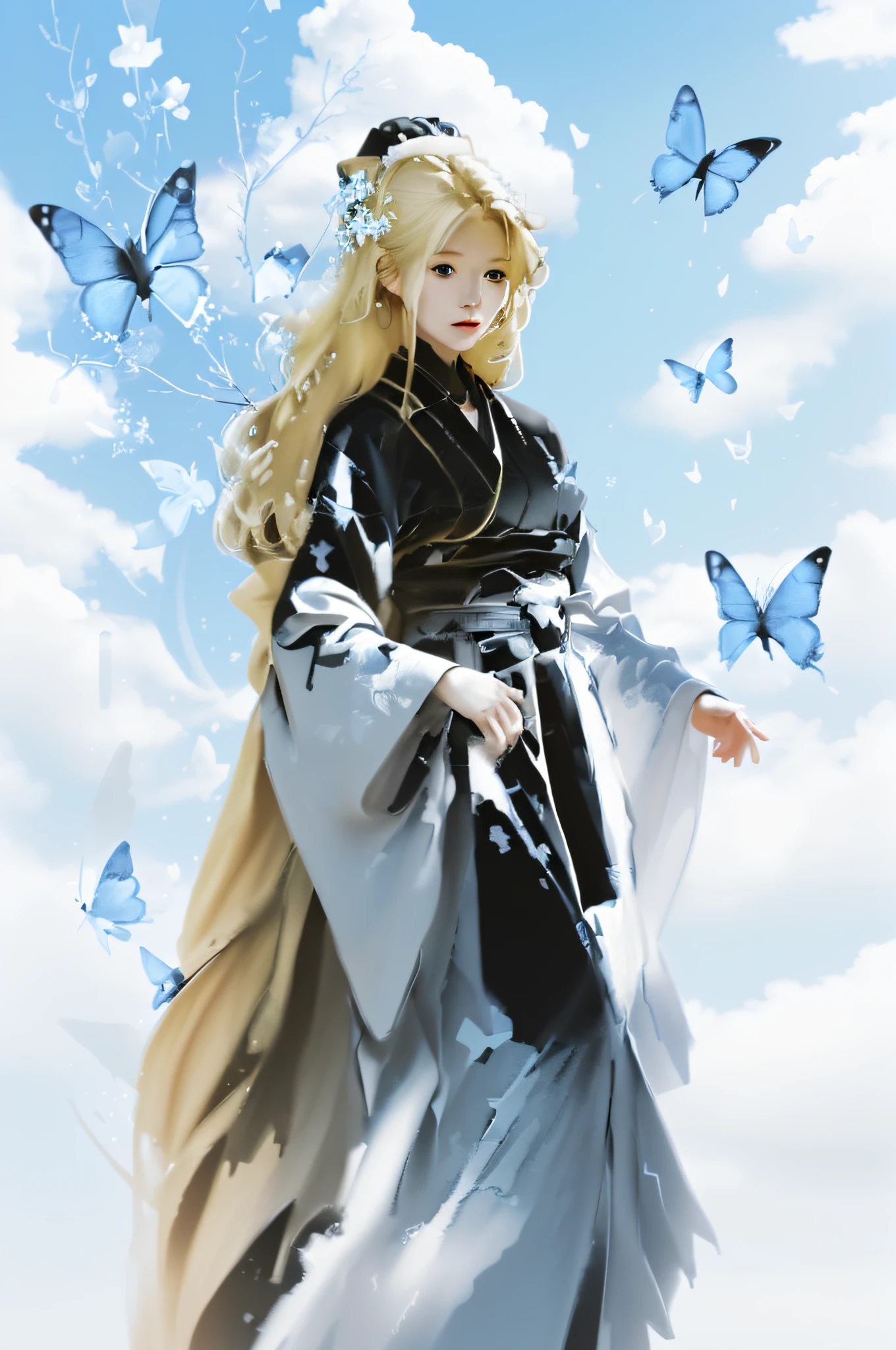 blond hairbl,Blackn clothes,girl,outside,with blue sky and white clouds