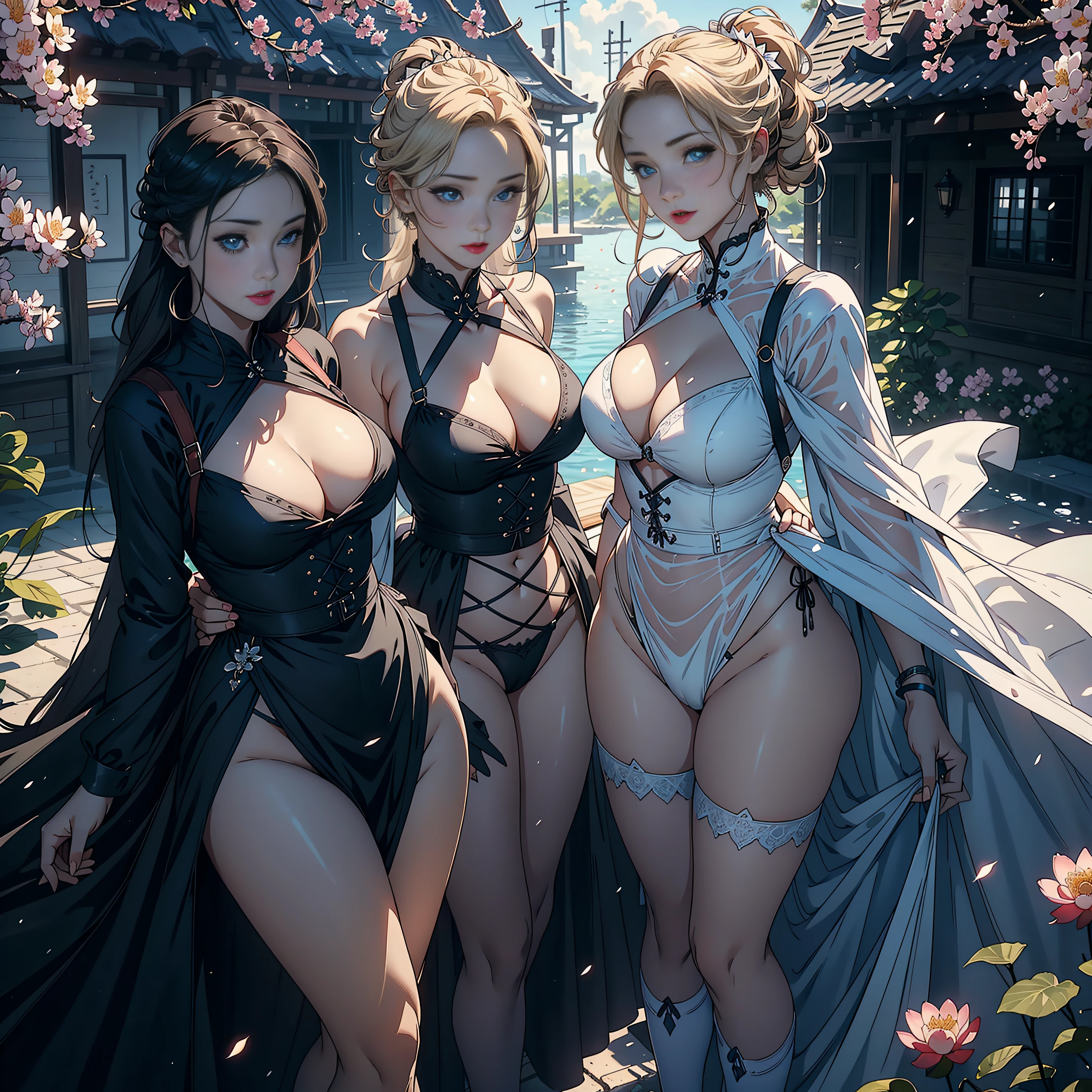 3 females,Stand in a row,Beauty contests,sexyposture,Married Woman,A MILF,熟妇,mature,extremely large bosom,plumw(Background with:Mare,Cherry blossom forest,lotus flower)Lie underwater, She has short blonde hair,cabelos preto e longos,bobo head,seen from the front,mostly cloudy sky,(((tmasterpiece),(Very detailed CG unity 8K wallpaper),best qualtiy,cinmatic lighting,detailed back ground,beatiful detailed eyes,Bright pupils,Blue eyes,Snow-whiteskin,Redlip(Very fine and beautiful),(Beautiful and detailed eye description),ultra - detailed,tmasterpiece,))facing at camera,A high resolution,ultra - detailed),revealing breasts,Bare genitalia, Bulge,legs are open,Raised sexy,Camel toes,Desire for dissatisfaction,frontage,(Wearing :the maid outfit, Transparent apron)