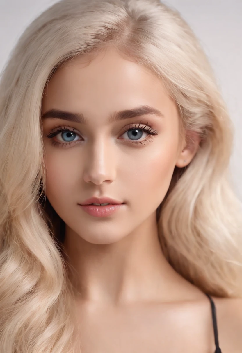 A beautiful young woman, 18 years old girl, fair skin, slim body, straight platinum blonde hair, long hair, stylish haircut, wavy hair, cute face, attractive young face, blue eyes, detailed face, full lips, body photo entire, neutral color background image, edited in Adobe Premiere, 8k, A very beautiful, ,thin smile, (Blue eyes), photo realistic. style ariana grande --auto