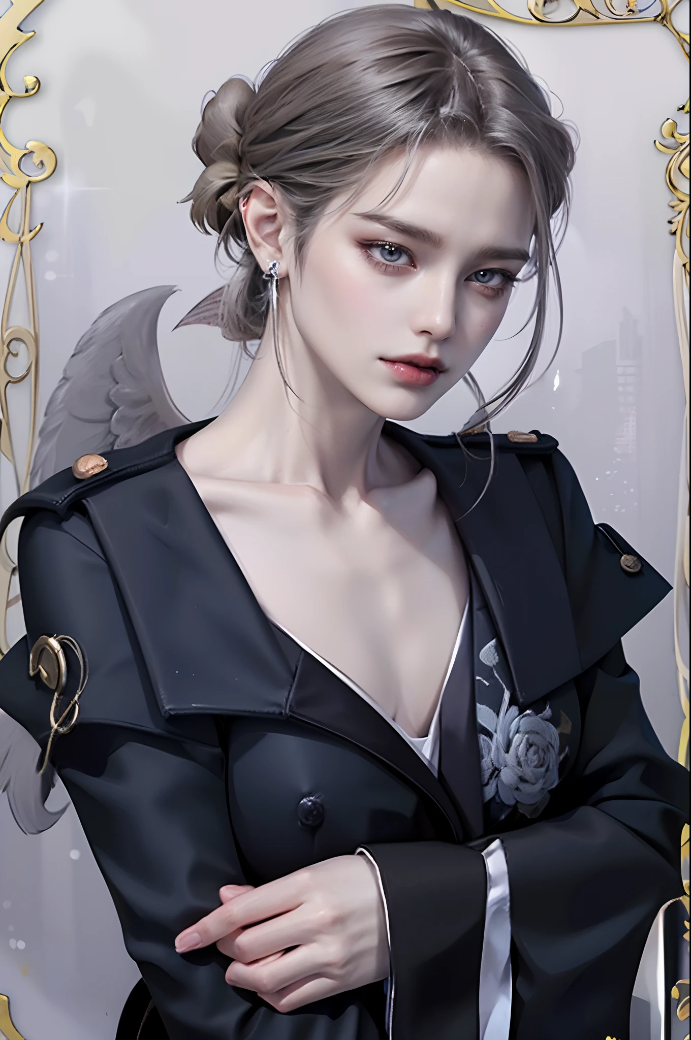 ((4K works))、masterpiece、(top-quality)、((high-level image quality))、((one beautiful women))、Slim body、((Black Y Shirt Fashion))、(Detailed beautiful eyes)、Crow on fantastic city background、((Face similar to Chaewon in Ruseraphim))、((shoulder-length hair))、((bright silver hair))、((Smaller face))、((Neutral face))、((Light blue eyes))、((Korean Women))、((18year old))、((Wild Lady))、((Wild look))、((Show your fangs and laugh))、((Korean makeup with black eyeshadow))、((elongated and sharp eyes))、((Shot alone))、((Fallen Angel))、((Fallen Angel Woman))、Photos of fallen angels、Villain、((amazing photo))、Photographed so that the whole body can be seen、horor、((There is a crow on the right shoulder))、Dark Proof、((Shot diagonally from the side))