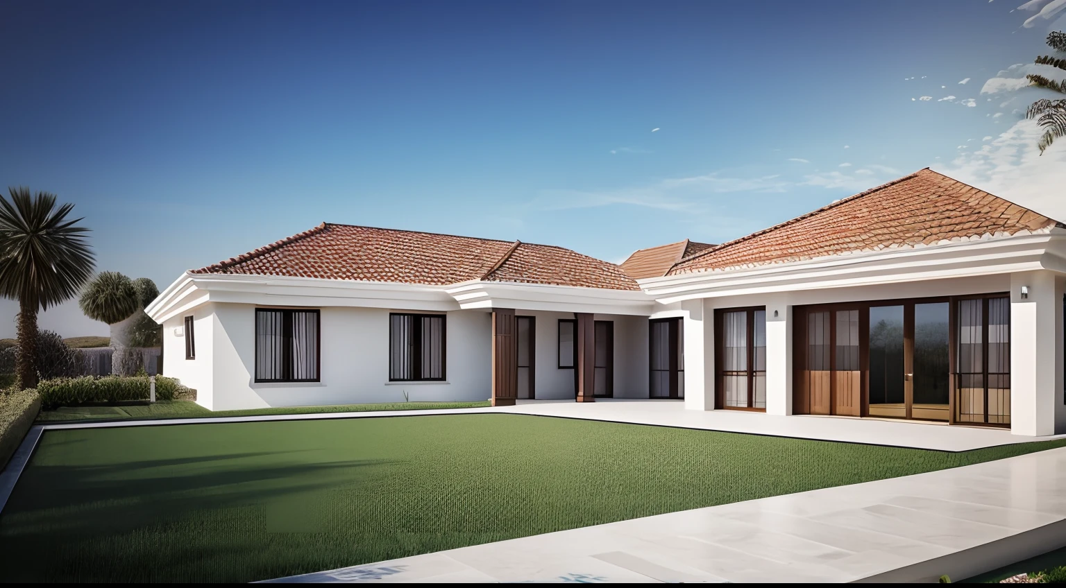 Western classic villa, 1 floor, area 500m2, u-shaped, fully functional, for multi-generational families, flying bird perspective