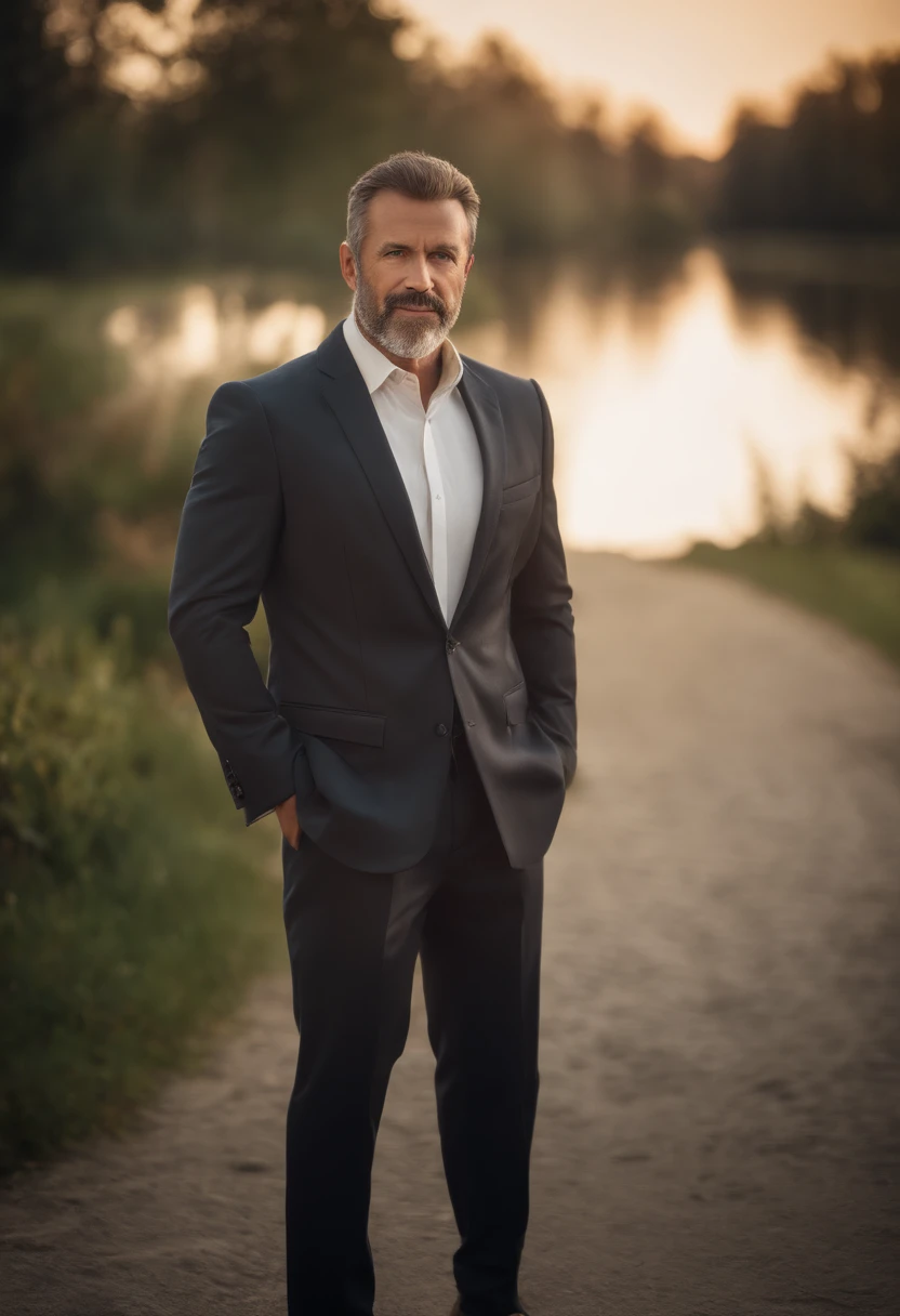 realistic image of middle-aged business professional, 100 ponds of weight, professionally dressed in a suit and tie, high-quality, highest resolution, standing position, hands down, professional, beautiful detailed slightly brownish eyes , beautiful detailed lips, short beard, graying short hair, kind expression, warm smile, distinguished look, proper lighting, plain background, clean image with no blurry effect, ultra-detailed texture
