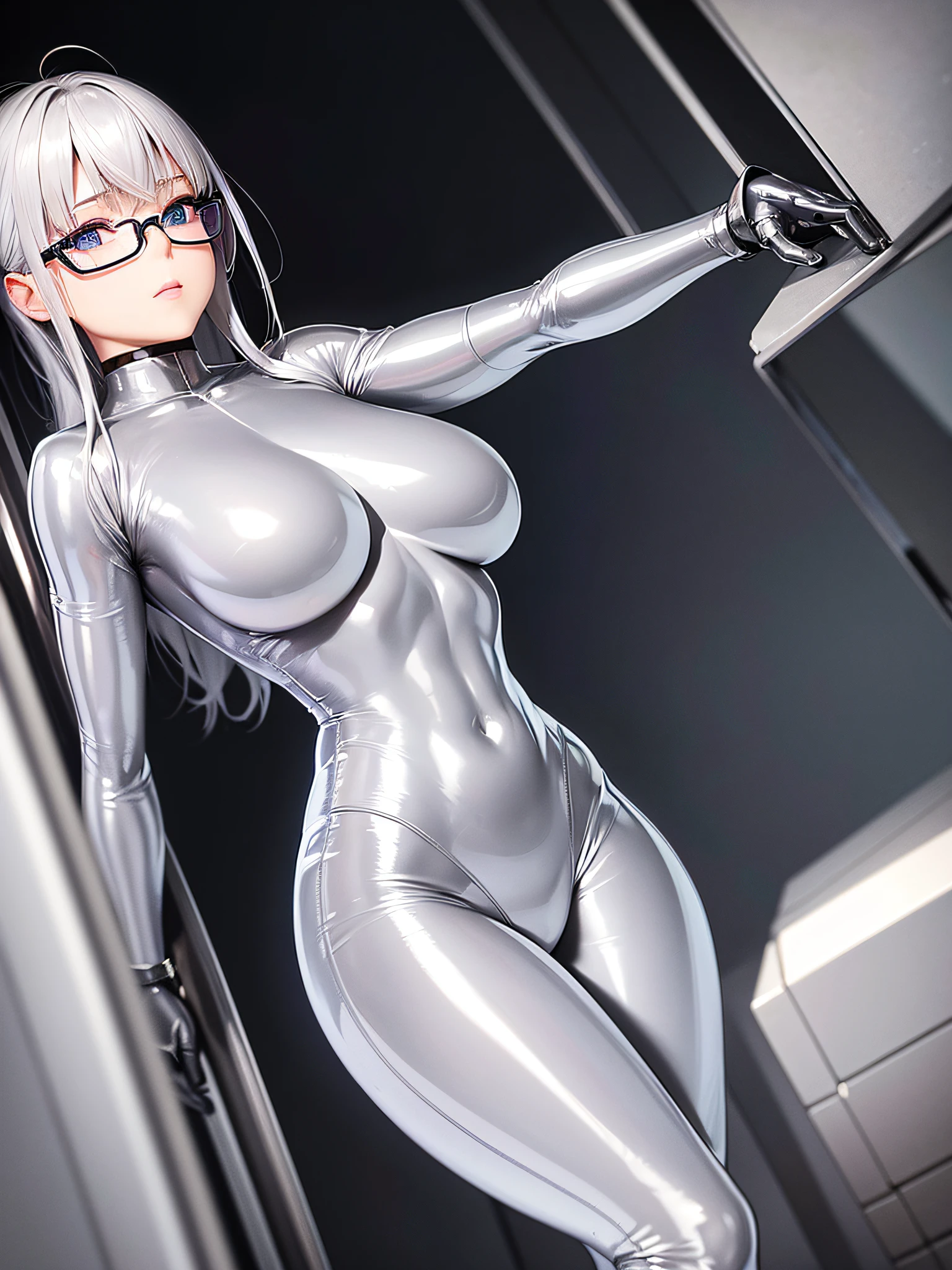 5 8K UHD、Muscular and silver-haired beauty in shiny full-body silver suit with glasses with hands folded behind her head、Shiny silver latex suit with hidden skin、Only from the waist up