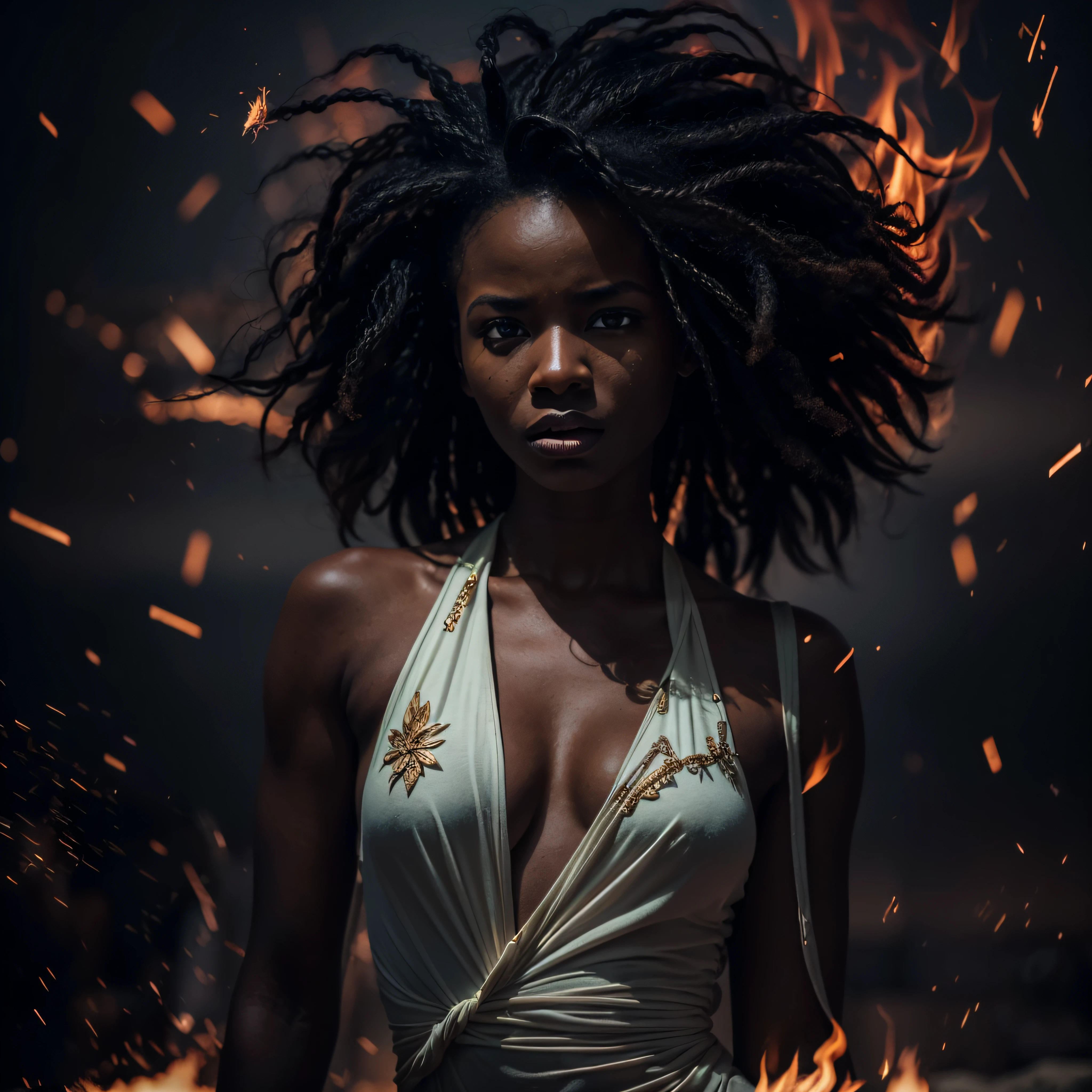 (portrait, dynamic), (expressive pose:1.6), (futuristic style), (A mystical portrait of a black Senegalese woman:1.3), (authentic anger in her eyes: 1.2), wearing dark mascara, the photograph captured in stunning 8k resolution and raw format to preserve the highest quality of details. her pure nudity complements her soft features, (naked, breasts:1.1), her torso is wrapped tightly with thin white bandages, (her eyes are portrayed with meticulous attention to detail: 1.3), The photograph is taken with a lens that emphasizes the fury in her eyes, (she is surrounded by fire particles and sparks), and the backdrop is a dark studio setting that enhances the colours of the scene. The lighting and shadows are expertly crafted to bring out the richness of her skin tone and the unsettling atmosphere. Her hair made of fire adds a touch of contrast against her skin. The interior setting adds a sense of mystery. The overall composition captures her essence with authenticity and grace, creating a portrait that celebrates her heritage and beauty. Photography utilizing the best techniques for shadow and lighting, to create a mesmerizing portrayal that transcends the visual, slightly tilted head,