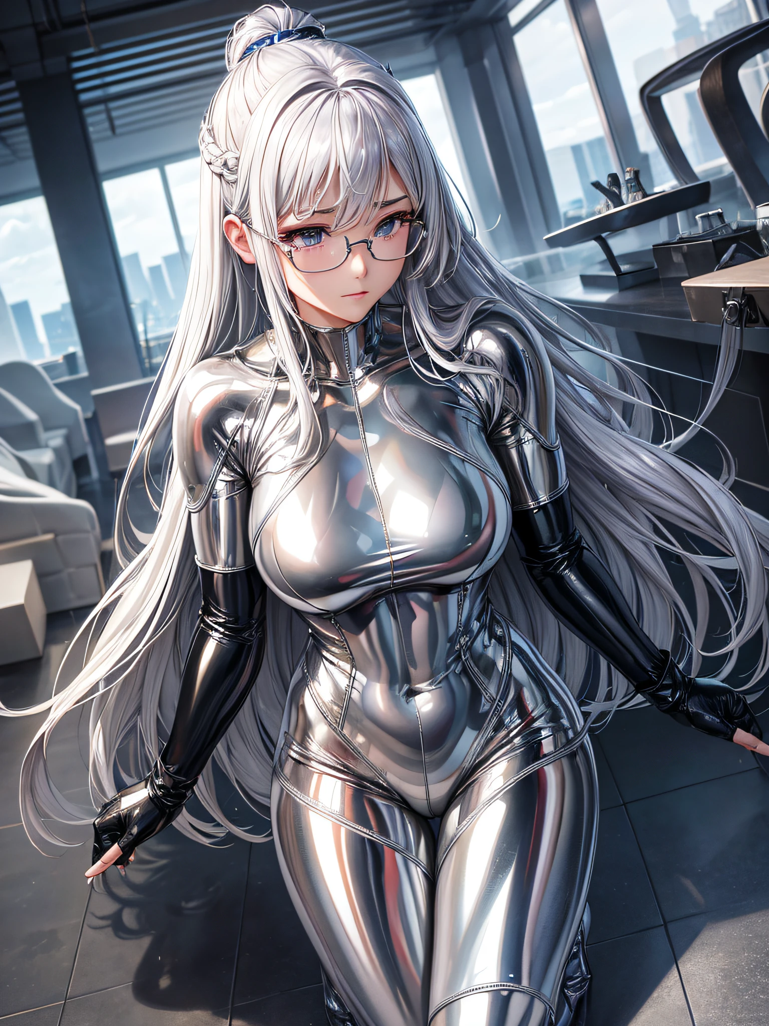 5 8K UHD、Muscular and silver-haired beauty in shiny full-body silver suit with glasses with hands folded behind her head、Shiny silver latex suit with hidden skin、Only from the waist up