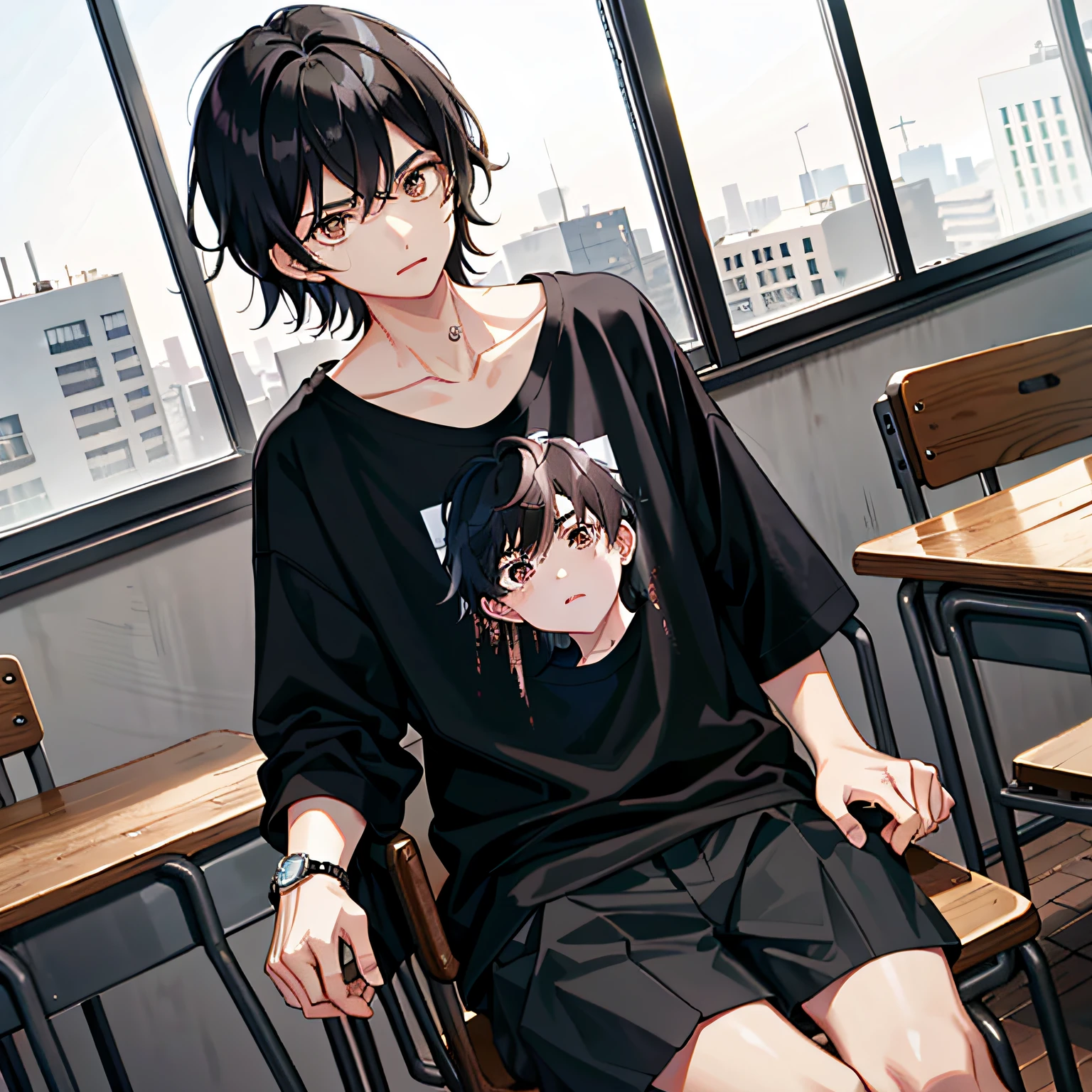 1boy，Black hair，Black shirt，Brown eyes，Wrist watch，Messy hair, 8K分辨率, ‎Classroom，Dilapidated classrooms，Fierce，exquisite facial features，high and cold，murderous，vred，stand posture