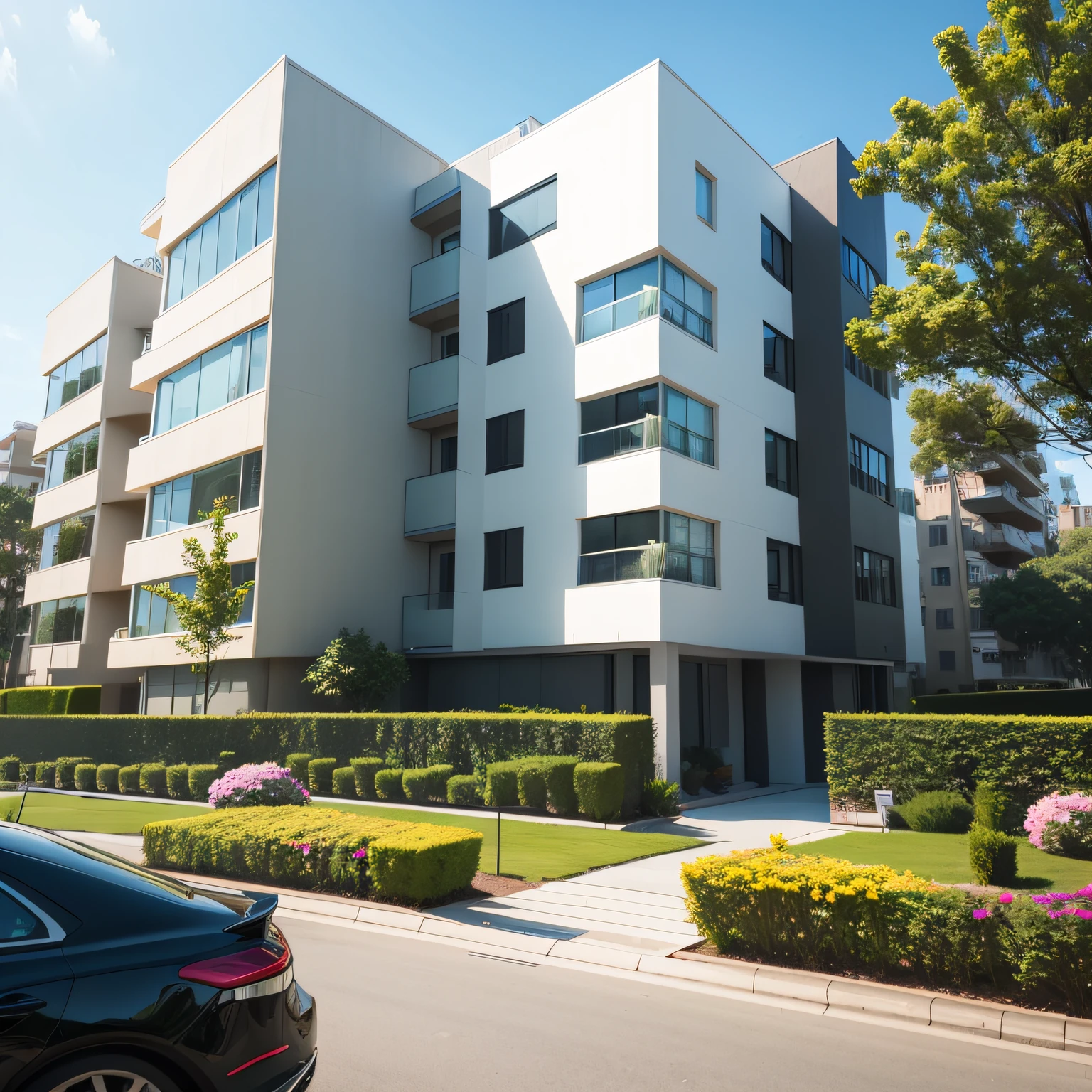 Beautiful modern residential building, There is an expensive car nearby, Around the flower beds and trees, Sunny weather