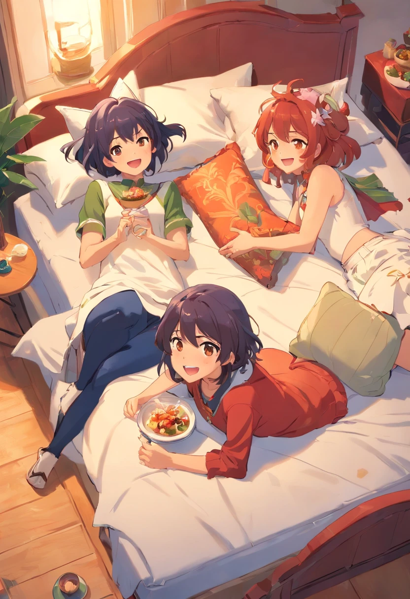 Dehya \(genshin impact\), Candace \(genshin impact\), Dunyarzad \(genshin impact\), three female friends fighting with pillows on a huge bed, cute and cozy room, table with tropican food, smiling and laughing