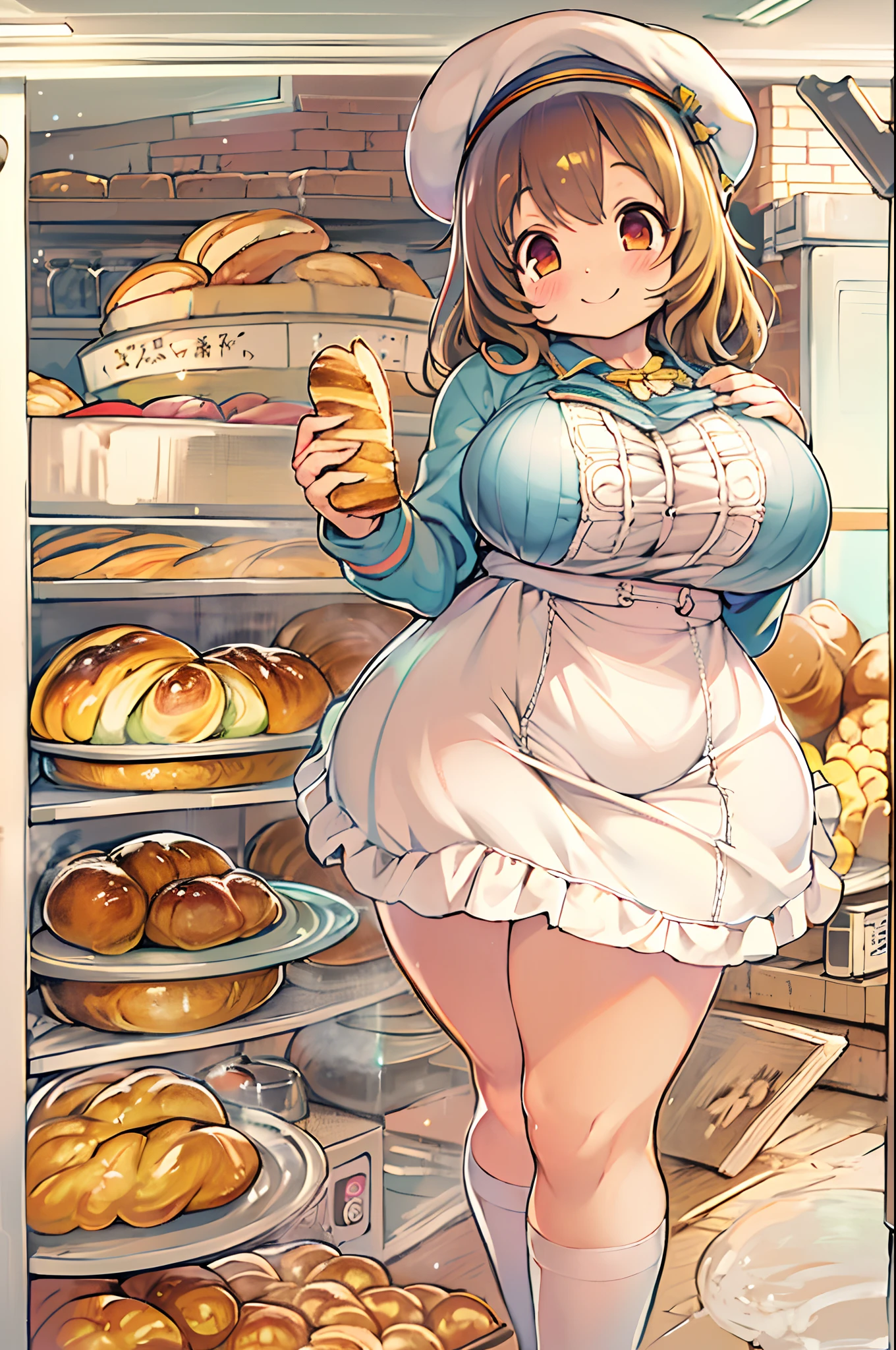 masutepiece、Anime style、1人、huge-breasted、kawaii、bbw、thick thight、big butts、Ultramammy,pleatedskirt、Bakery、Baker、Bread lining、A big smile