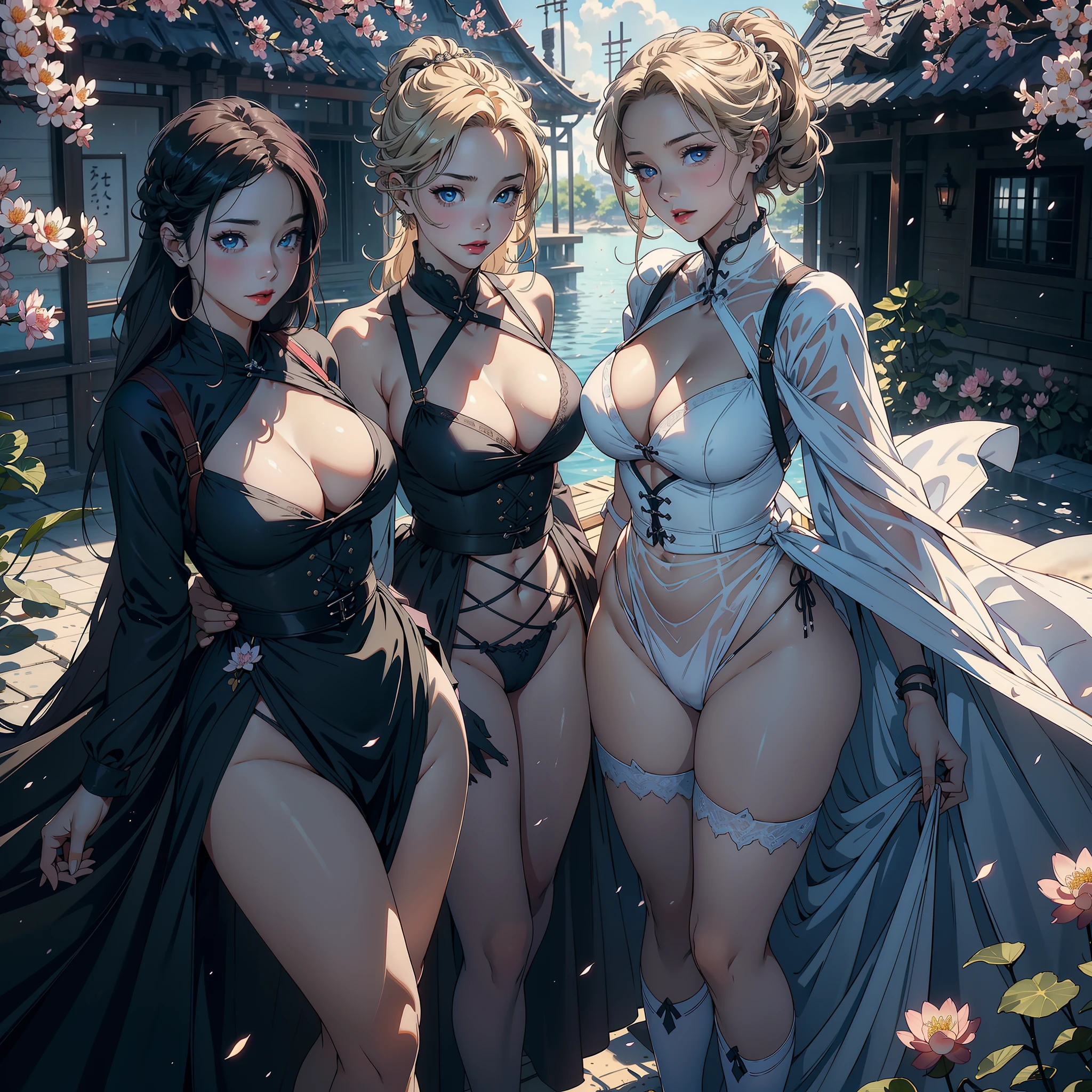 3 females,Stand in a row,Beauty contests,sexyposture,Married Woman,A MILF,熟妇,mature,extremely large bosom,plumw(Background with:Mare,Cherry blossom forest,lotus flower)Lie underwater, She has short blonde hair,cabelos preto e longos,bobo head,seen from the front,mostly cloudy sky,(((tmasterpiece),(Very detailed CG unity 8K wallpaper),best qualtiy,cinmatic lighting,detailed back ground,beatiful detailed eyes,Bright pupils,Blue eyes,Snow-whiteskin,Redlip(Very fine and beautiful),(Beautiful and detailed eye description),ultra - detailed,tmasterpiece,))facing at camera,A high resolution,ultra - detailed),revealing breasts,Bare genitalia, Bulge,legs are open,Raised sexy,Camel toes,Desire for dissatisfaction,frontage,(Wearing :the maid outfit, Transparent apron)