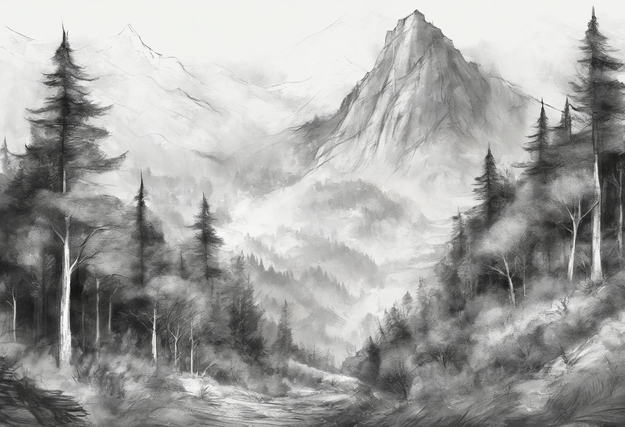 Mountain landscape, deciduous forests, charcoal sketch, very detailed and delicate