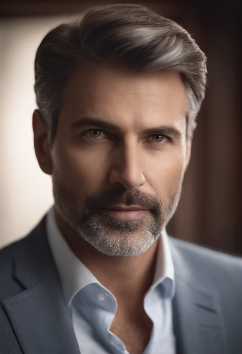 realistic image of middle-aged business professional, 100 ponds of weight, professionally dressed in a suit and tie, high-quality, highest resolution, standing position, hands down, professional, beautiful detailed slightly brownish eyes , beautiful detailed lips, short beard, graying short hair, kind expression, warm smile, distinguished look, proper lighting, plain background, clean image with no blurry effect, ultra-detailed texture,masterpiece:1.2