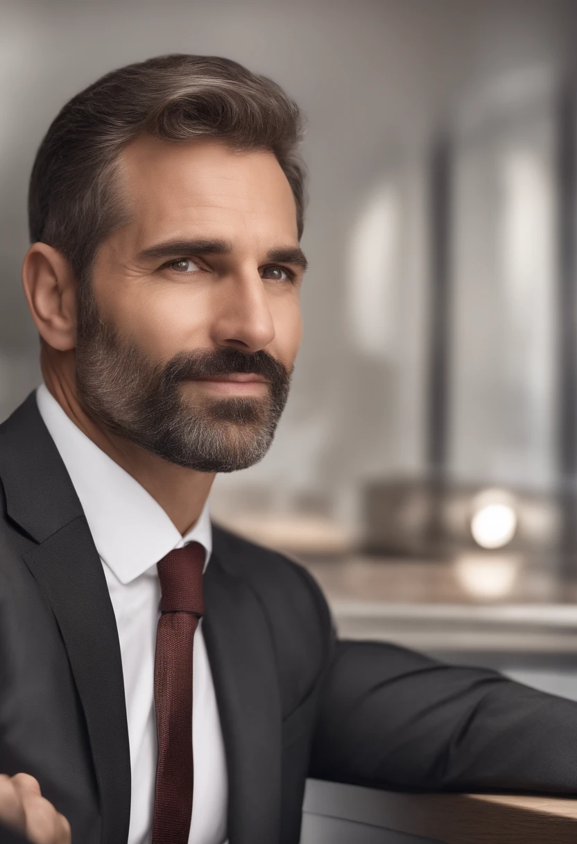 realistic image of middle-aged business professional, 100 ponds of weight, professionally dressed in a suit and tie, high-quality, highest resolution, standing position, hands down, professional, beautiful detailed slightly brownish eyes , beautiful detailed lips, short beard, graying short hair, kind expression, warm smile, distinguished look, proper lighting, plain background, clean image with no blurry effect, ultra-detailed texture,masterpiece:1.2