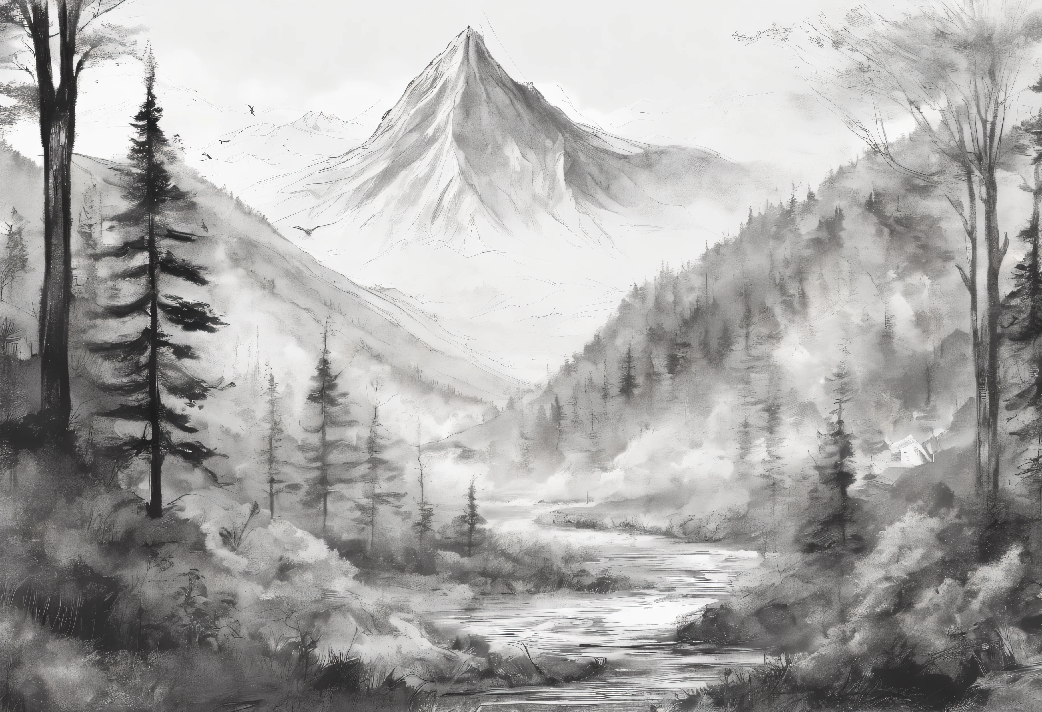 Mountain landscape, deciduous forests, charcoal sketch, very detailed and delicate