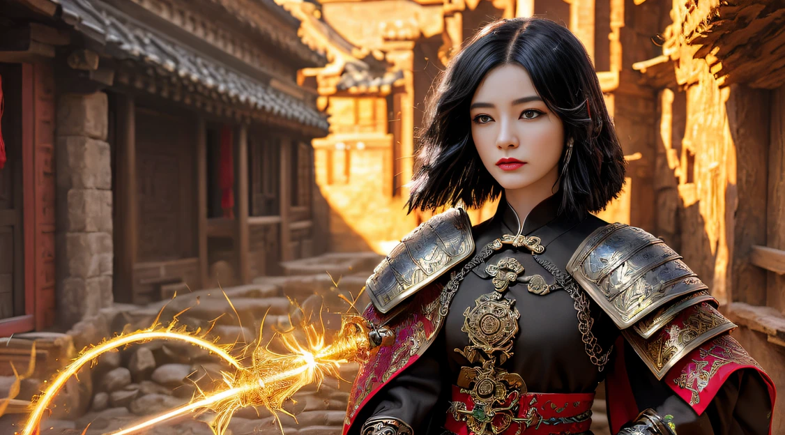 32K,复杂,ellegance,highly detailed,A majestic,Digital photography,Autumn cowboy shot,surrealism painting,Broken rubies,Beating magic,Entwined water magic,(tmasterpiece,Cinematic light,Fine beautiful eyes:1.2),hdr,Void 5 Energy Storm,(China 1 female bodhisattva,Black eyes:1.5),paleskin,Glowing skin,(On stone:1.5),delicated face,Black color hair,Wearing palatial red armor,