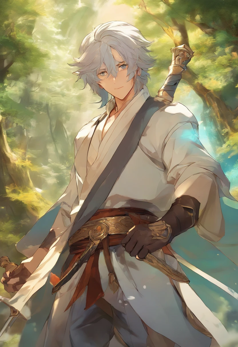 a close up of a person with a sword in a forest, handsome guy in demon slayer art, zhongli from genshin impact, keqing from genshin impact, male anime character, detailed anime character art, by Yang J, heise jinyao, anime handsome man, high quality anime artstyle, male anime style, smooth anime cg art, game cg, full body, even cooler