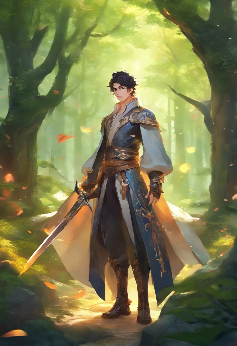 a close up of a person with a sword in a forest, handsome guy in demon slayer art, zhongli from genshin impact, keqing from genshin impact, male anime character, detailed anime character art, by Yang J, heise jinyao, anime handsome man, high quality anime artstyle, male anime style, smooth anime cg art, game cg, full body, even cooler