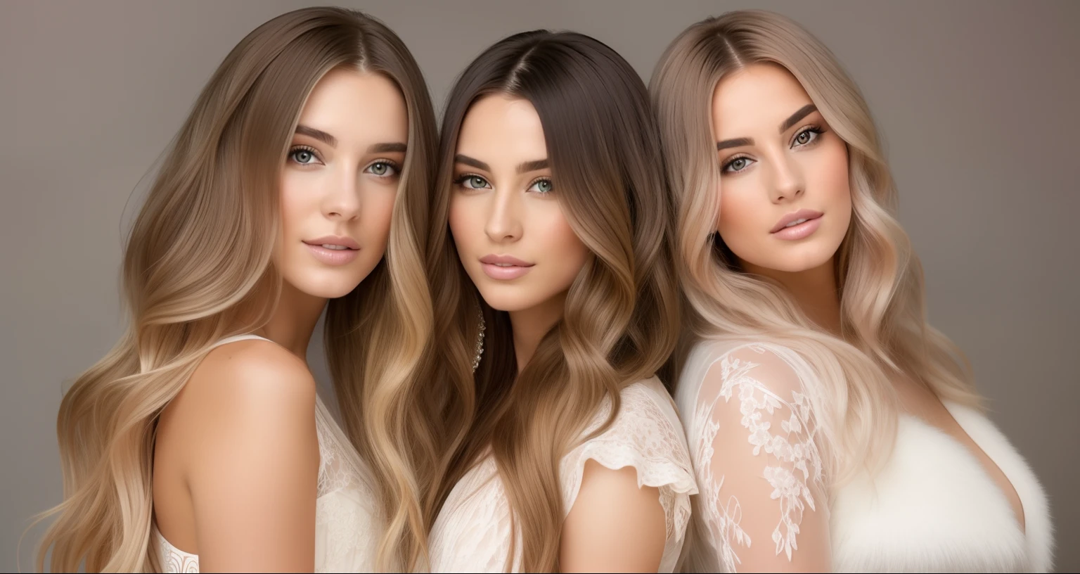 Three stunning ladies with flowing long hair captured in a photo session for a skincare brand. This photoshoot features three young and beautiful women showcasing balayage, flaunting various hair colors and styles. It's a beauty campaign highlighting their gorgeous faces, expert hair coloring by Emma Andijewska, and different hair colors. The perfect faces of these beautiful girls, each with distinct hair colors, were beautifully captured by Julia Pishtar, all adorned in robes.