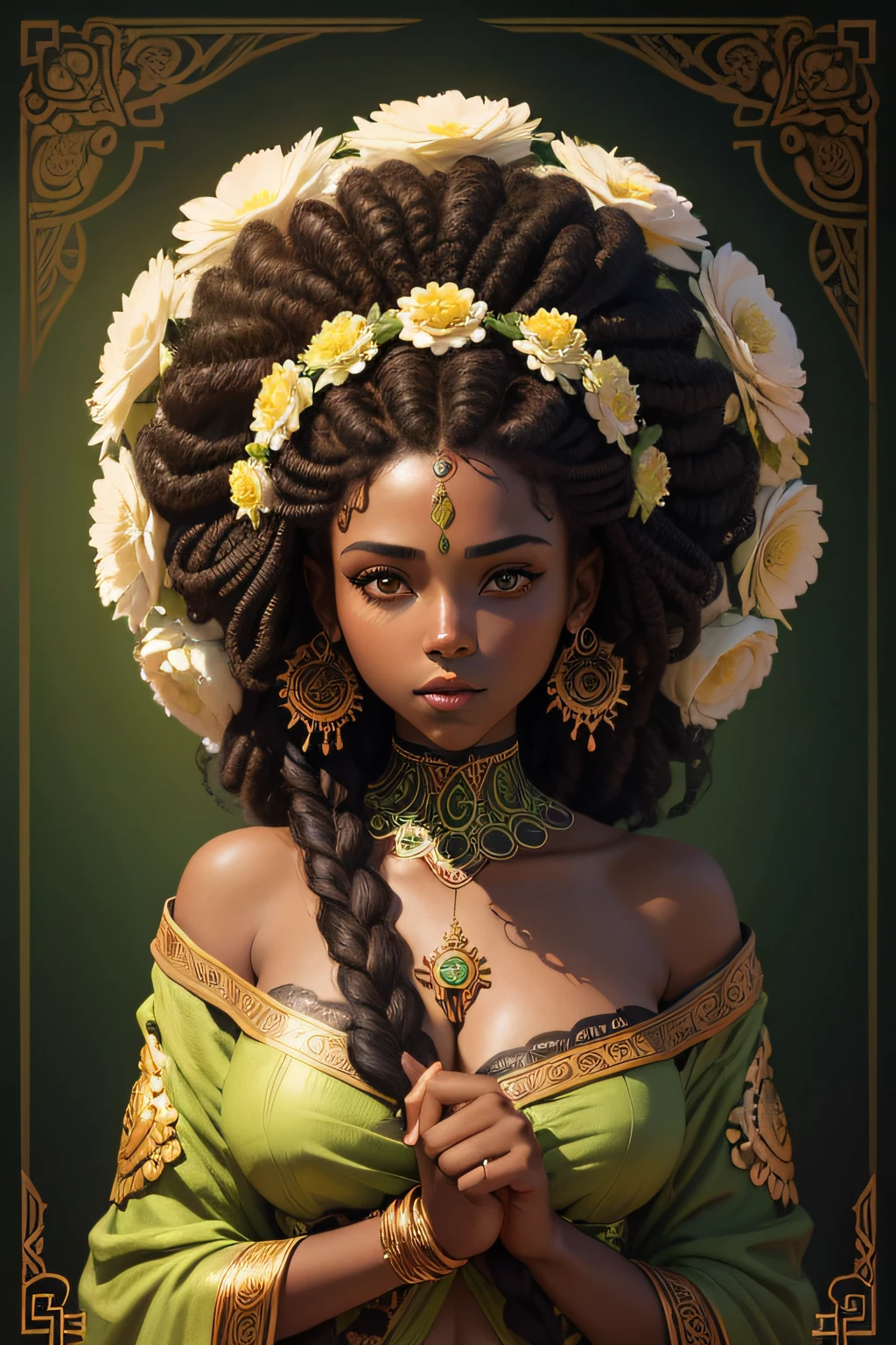 there is a woman with a flower in her hair and a green background, afro made of flowers, dark skin female goddess of love, high quality portrait, detailed beauty portrait, beautiful digital illustration, black young woman, young black woman, stunning african princess, black african princess, inspired by Thomas Blackshear, intricate wlop, african american elegant girl, in style of wlop