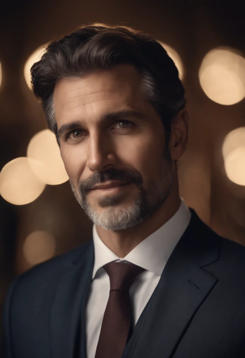 realistic image of middle-aged business professional, 100 ponds of weight, professionally dressed in a suit and tie, high-quality, highest resolution, standing position, hands down, professional, beautiful detailed slightly brownish eyes , beautiful detailed lips, short beard, graying short hair, kind expression, warm smile, distinguished look, proper lighting, plain background, clean image with no blurry effect, ultra-detailed texture,masterpiece:1.2