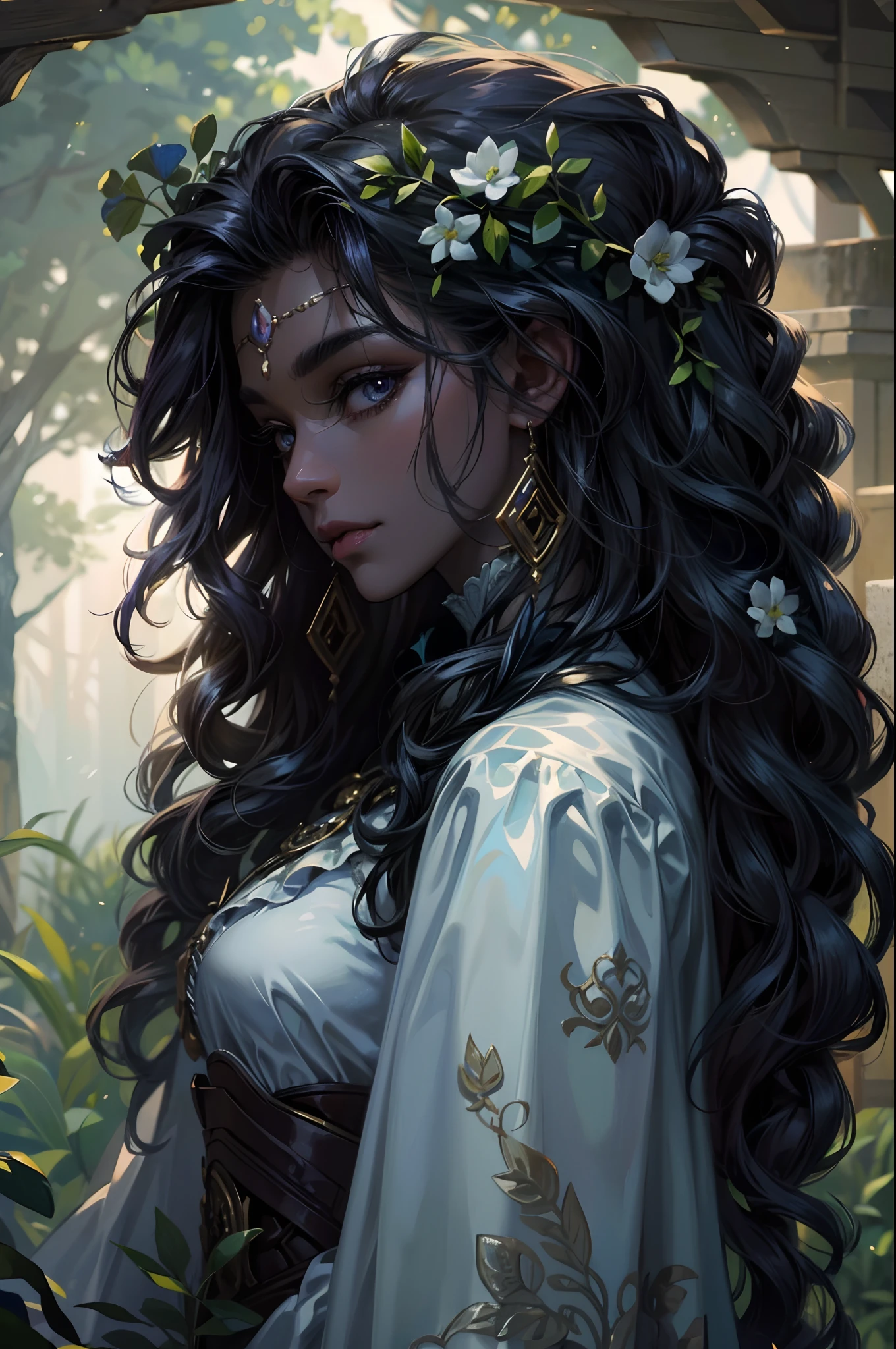 Fine illustration, ultra detailed, highres, from below, beautiful, gablin_woman, elegant standing_pose, slightly smiling,close mouth, elegant look, ((looking at viewer)),barbarian_dress, black_afro_glistening long braided_hair, tall warrior, ((dark_skin_female)), smoky_glowing world, detailed countryside_dress with glittery paladin woman_dress, detailed embroidery, white fur_cape, extremely layered frills