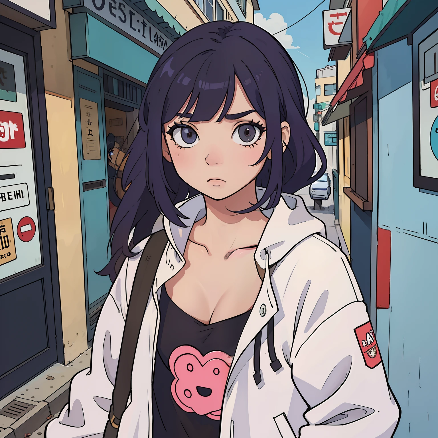 (La mejor calidad:0.8), (La mejor calidad:0.8), perfect anime illustration, Retrato extremo de una mujer bonita caminando por la ciudad, cabello rosado, (Facial expression of a random person asking you something on the street), Thinking About Facial Expression, sudadera con capucha, Moda con estilo, Maquillaje tribal decente, chaqueta abierta, Small neckline, auriculares, collar colgando en escote