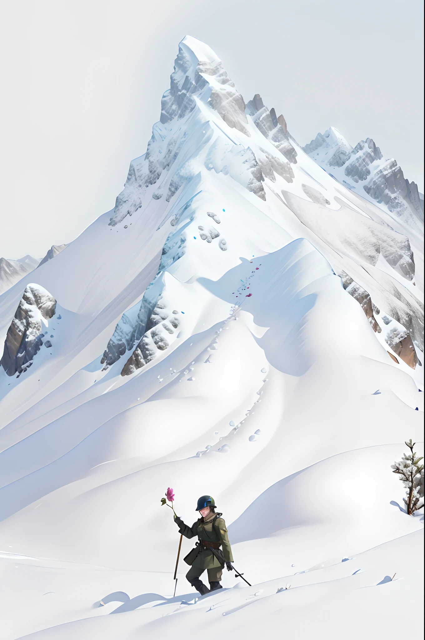 Soldat avec une fleure en mains sur une montagne