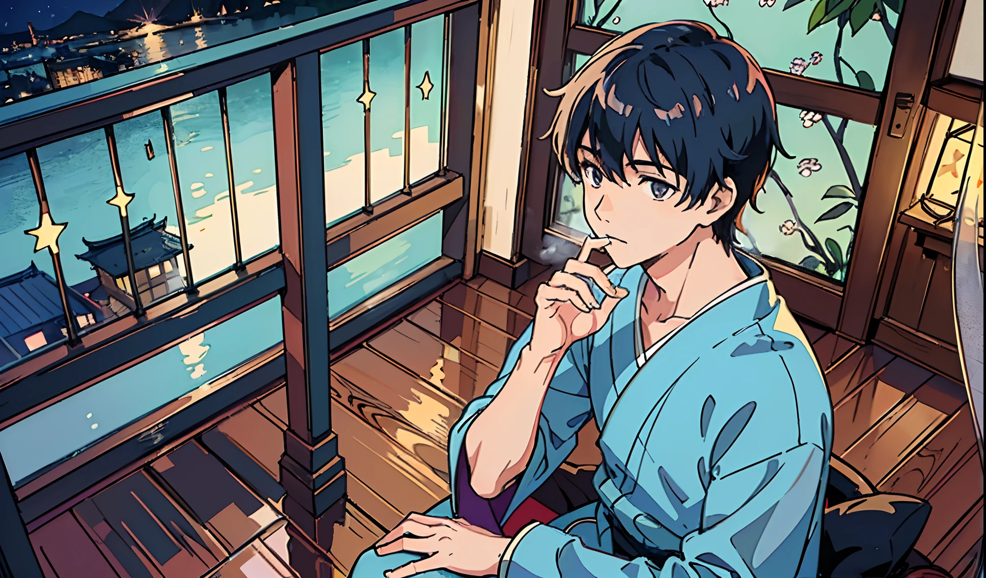 (best quality,4k,8k,highres,masterpiece:1.2),ultra-detailed,(realistic,photorealistic,photo-realistic:1.37),nighttime,anime scene,makoto shinkai style,Kyoto animations,boy,smoking,beautiful wooden balcony,huge apartment,wooden flooring,cityscape background,star-filled sky,peaceful atmosphere,moonlight streaming through the balcony,Mediterranean plants in pots,balcony railing with intricate patterns,glass panels on the balcony,fauvist color palette,subtle blue and purple tones,soft warm lighting,smoke swirling around the boy's face,detailed features and expressions,contemplative look in the boy's eyes,dynamic angle showcasing the balcony,A boy smoking in his beautiful wooden balcony of his apartment in Kyoto animations' masterful anime style, immersed in the serene atmosphere of a moonlit night.