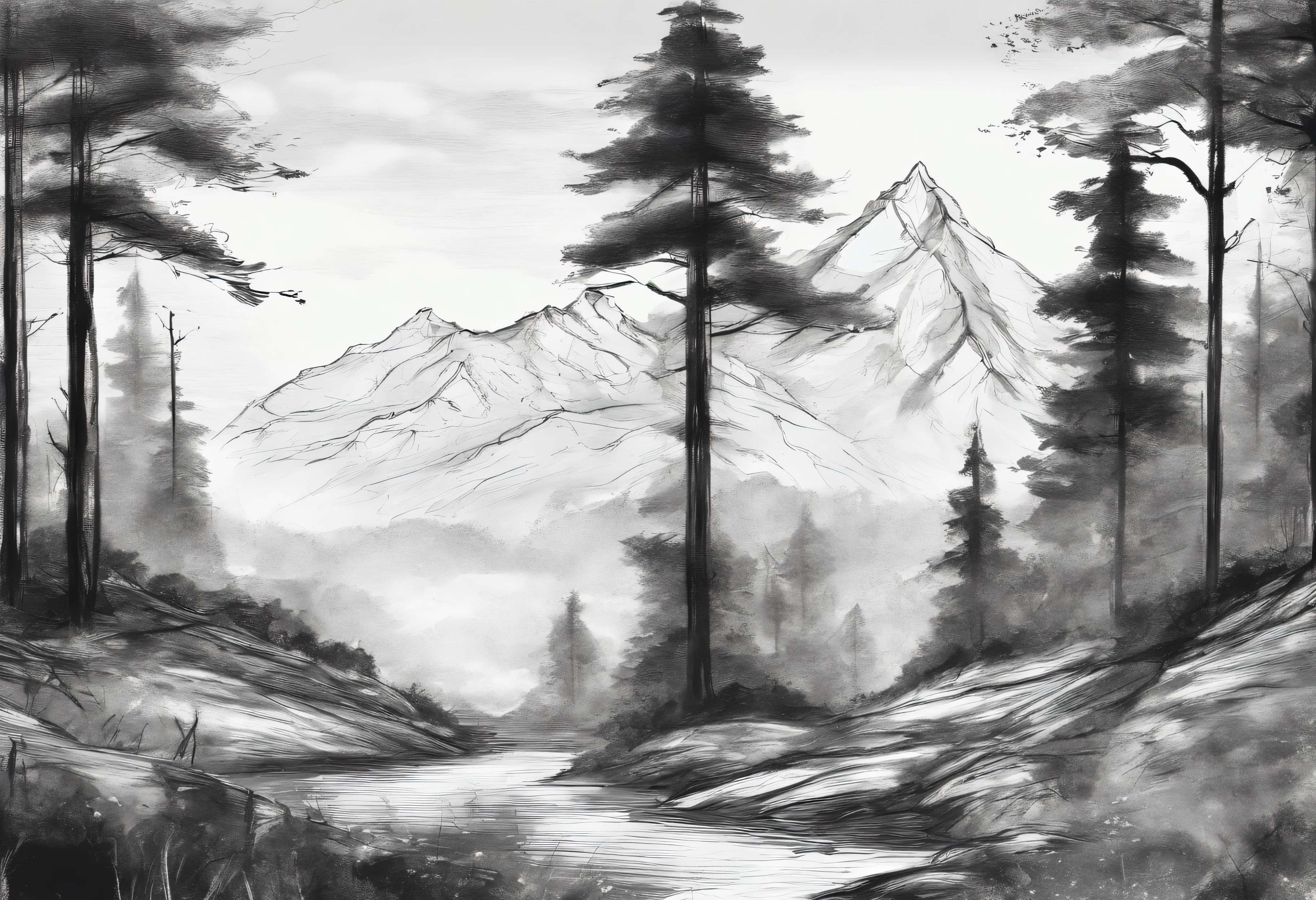 Mountain landscape, deciduous forests, charcoal sketch, very detailed and delicate
