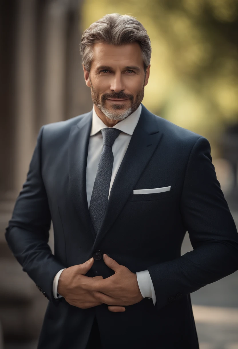 realistic image of middle-aged business professional, 100 ponds of weight, professionally dressed in a suit and tie, high-quality, highest resolution, standing position, hands down, professional, beautiful detailed slightly brownish eyes , beautiful detailed lips, short beard, graying short hair, kind expression, warm smile, distinguished look, proper lighting, plain background, clean image with no blurry effect, ultra-detailed texture,masterpiece:1.2