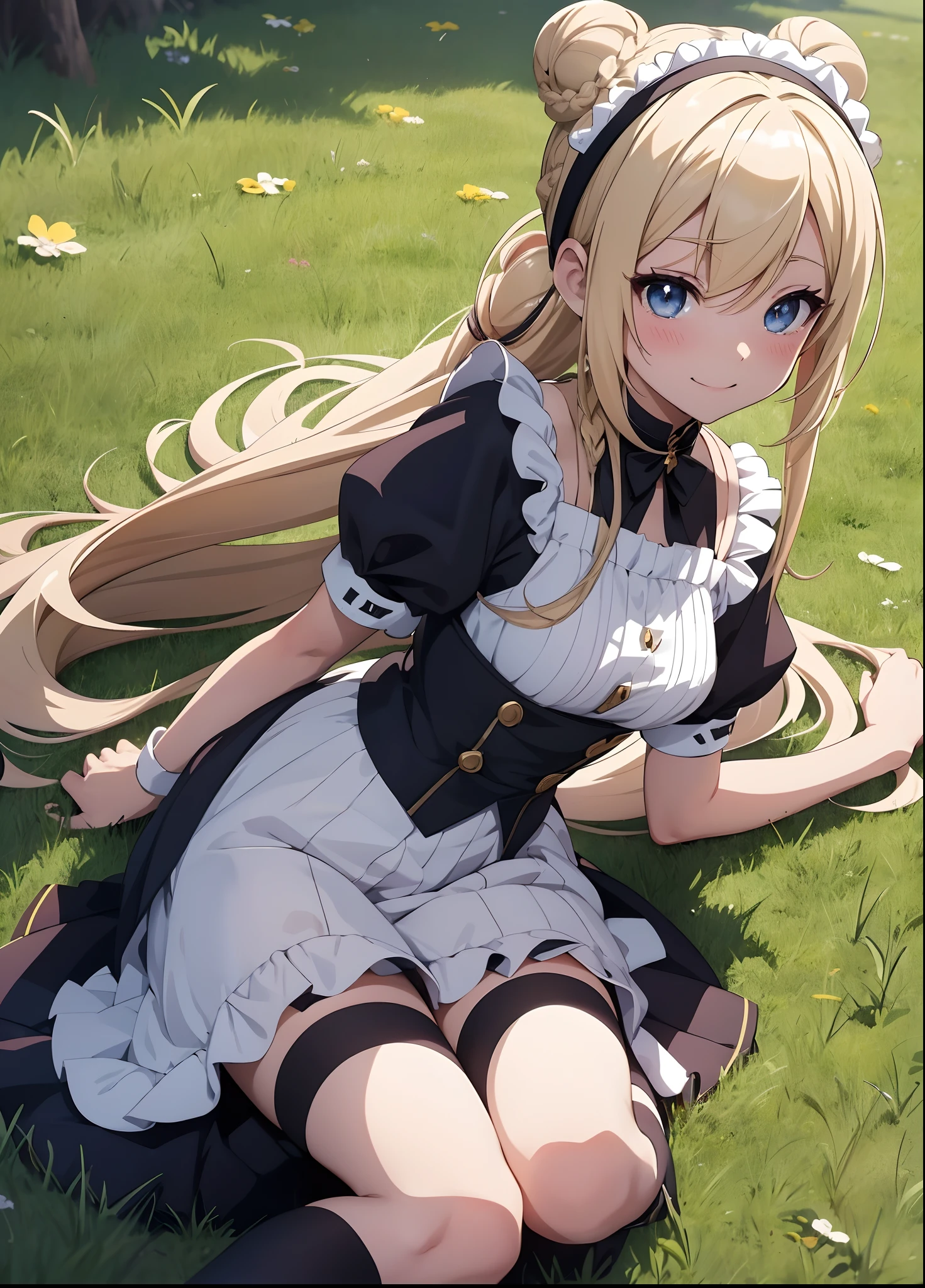 Blonde girl lying on grass, Knee-high socks, Choker, head band, (((bun long hair anime girl):1.2)), Seductive Anime Girl, charming anime girls, Anime Girl, Beautiful anime girl, Cute anime girl, pretty anime girl, Anime Girls, young anime girl, surreal Maid clothes splash art anime , Anime Best Girl, Surreal Maid clothes, an anime girl, Ecchi anime style、big smile,