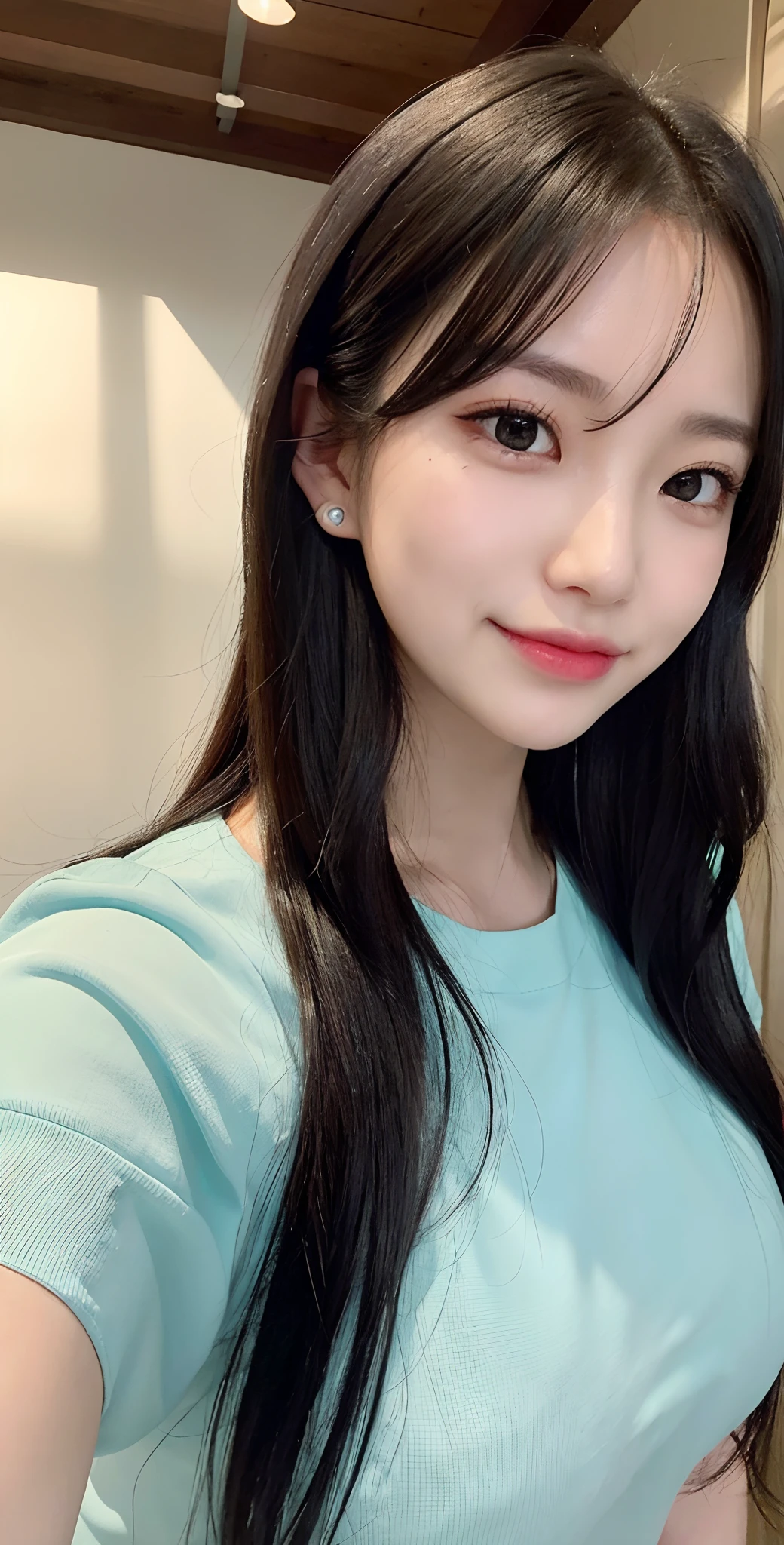 top-quality、masterpiece、hight resolution、Black hair、Turquoise hair inside、BREAK、A slight smil、frontage、1 Female solo、beautiful shadow、Dazzling light、well-muscled、Complicated piercing of ears、Well-formed face、Hyper Detail、Colossal tits、beautifuldetails、Delicate、green colored eyes、Wipe sweat、Reddish eyeshadow、Reddish eyelashes