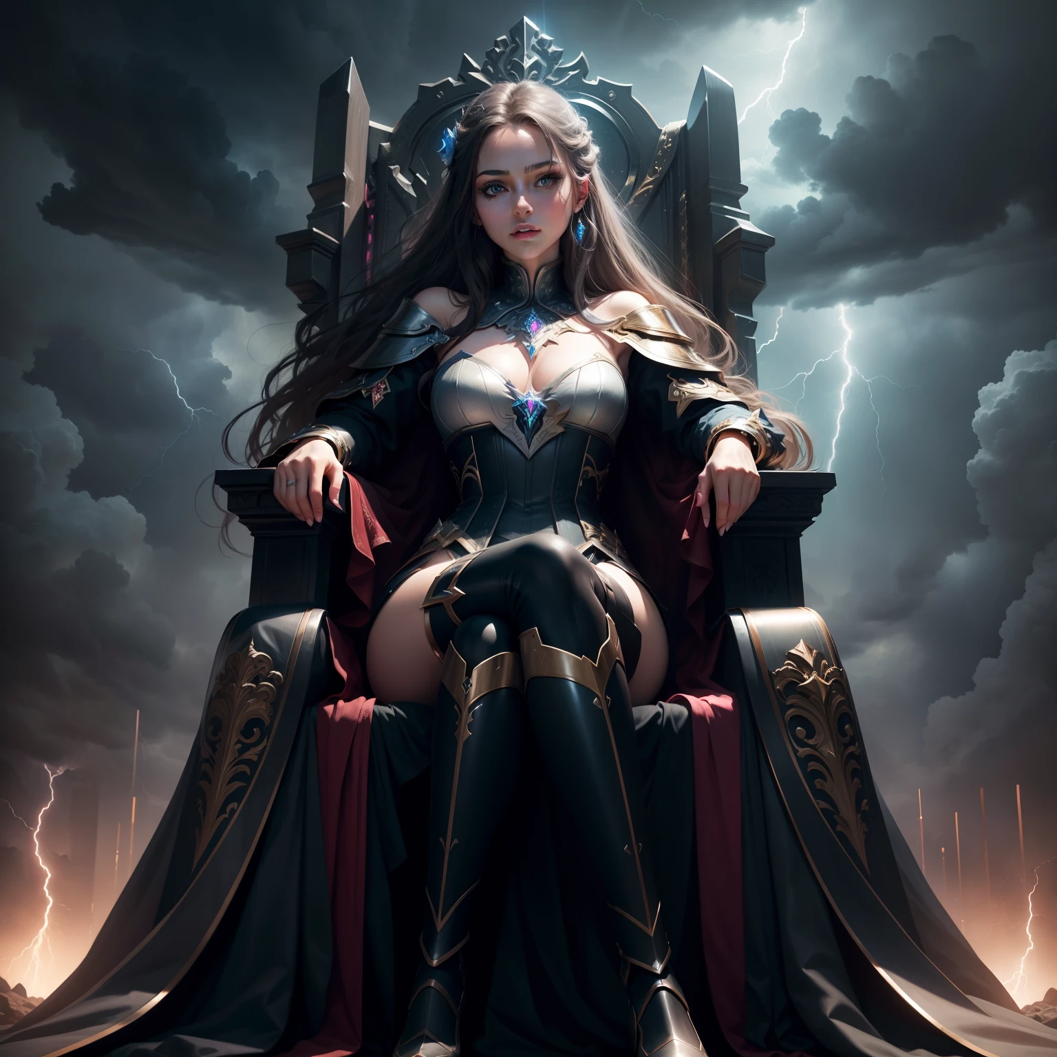 princesse sexy face glowing eyes face portrait with thunder storm Epic full body outfit sitting inGreat Legendary throne hyper realistic super detailed Dynamic pose Dynamic shot master piece