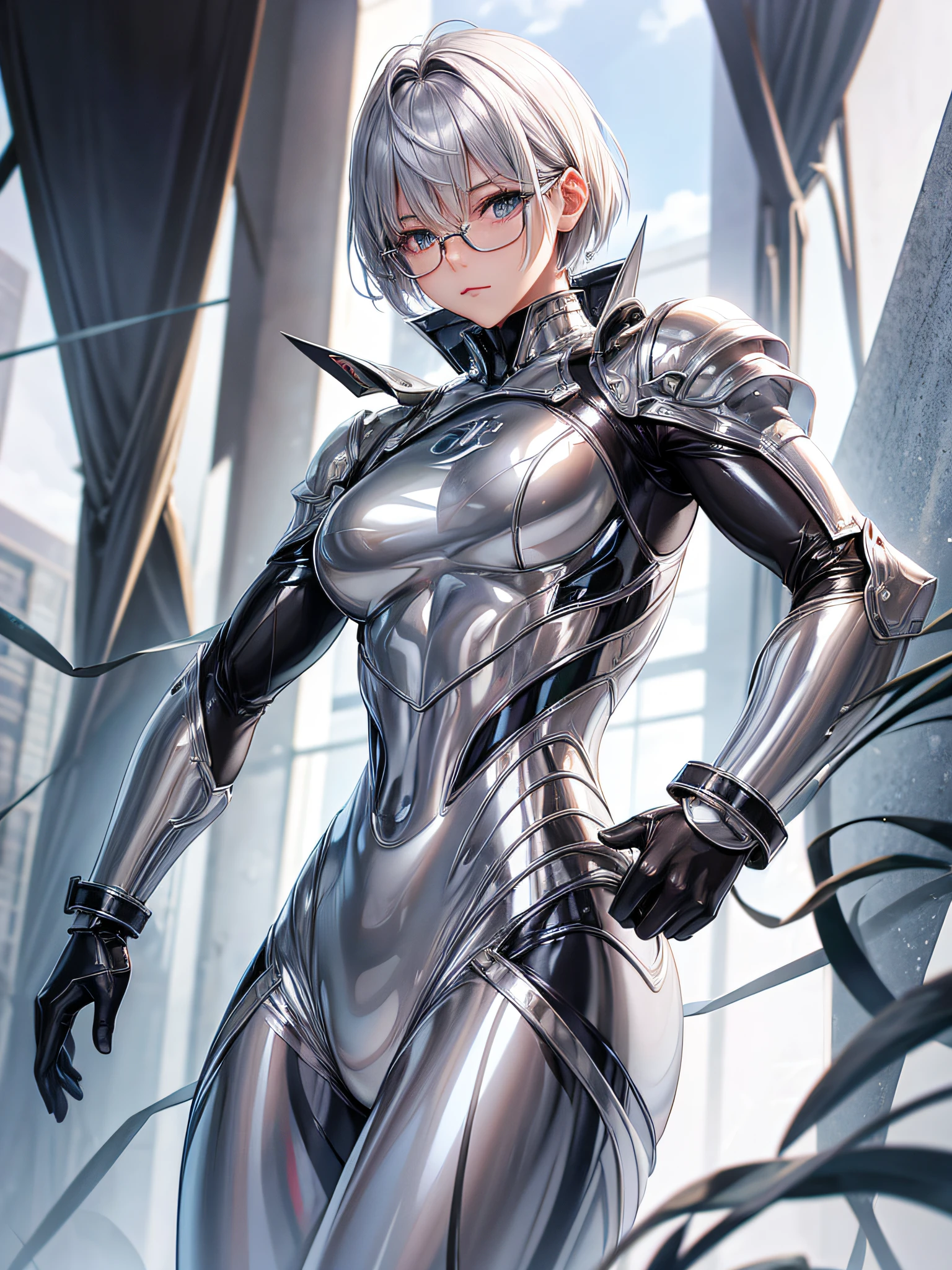 5 8K UHD、Muscular and silver short-haired beauty in shiny seamless full-body silver suit with glasses posing、Shiny silver latex suit with hidden skin、Upper body only