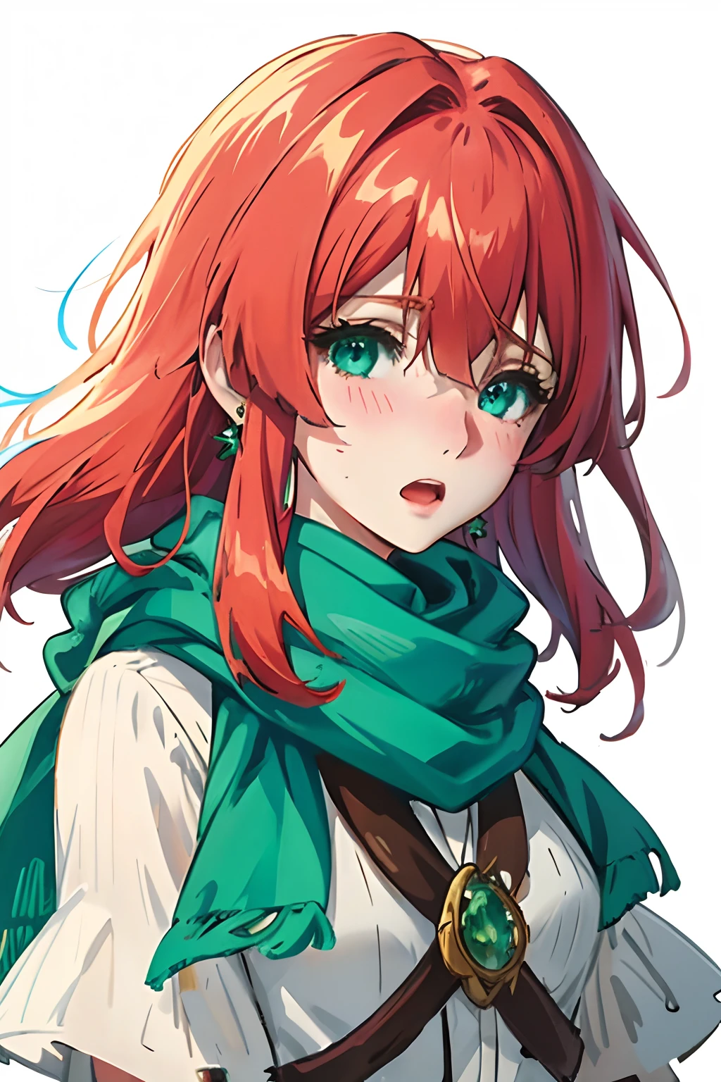 -original,Windranger anime style, 1girl, solo, jewelry, long hair, earrings, white background, looking at viewer, open mouth, simple background, scarf, green scarf, blush, red hair, portrait