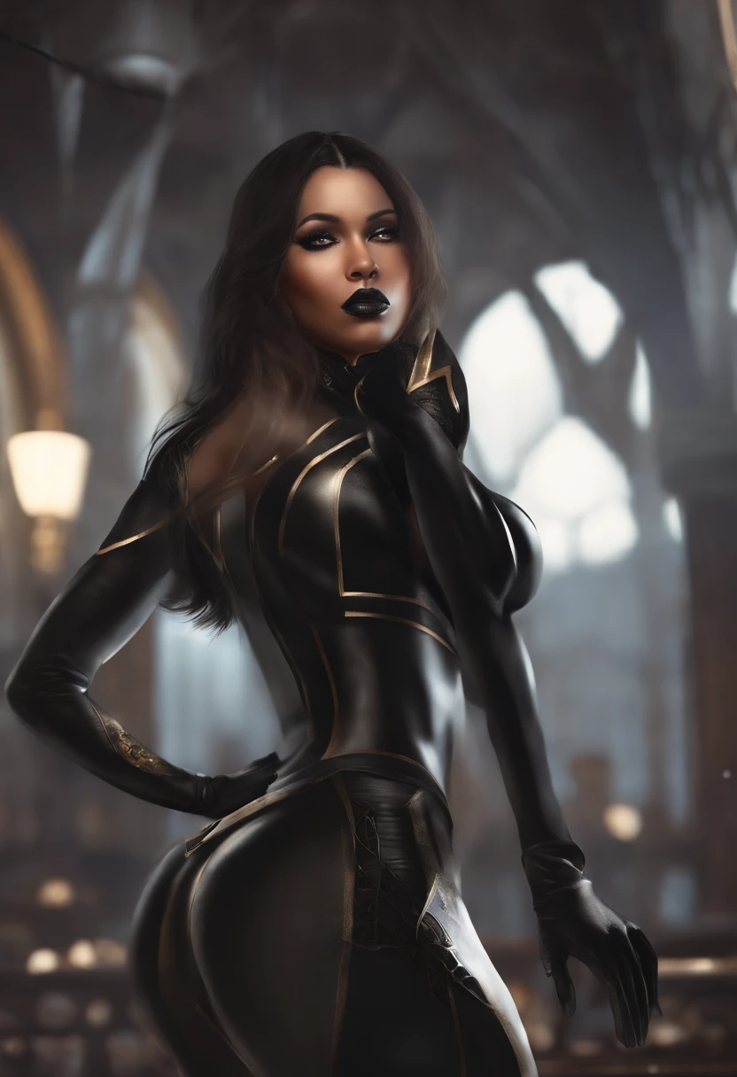 a close up of a woman in a black outfit posing, a digital painting inspired by Yang J, trending on deviantart, graffiti, tights skin, thick smooth warframe thighs, stockings, detailed legs looming over you, detailed legs towering over you, leather stockings, heavy shading, 2b, 2 b, thick warframe legs, knees, in clothes! highly detailed