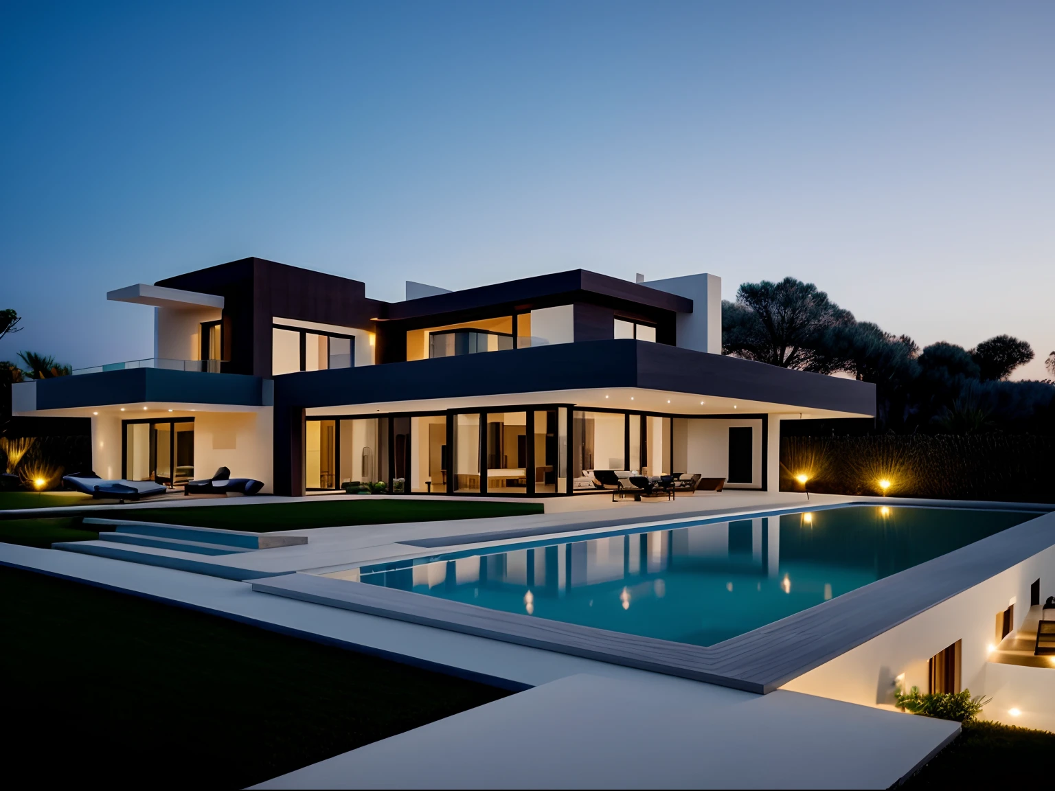 Villa, modern, diverse shapes, bird-in-flight perspective, evening
