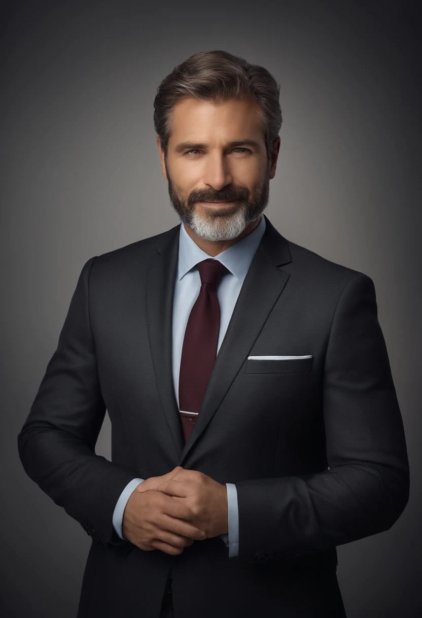 realistic image of middle-aged business professional, 100 ponds of weight, professionally dressed in a suit and tie, high-quality, highest resolution, standing position, hands down, professional, beautiful detailed slightly brownish eyes , beautiful detailed lips, short beard, graying short hair, kind expression, warm smile, distinguished look, proper lighting, plain background, clean image with no blurry effect, ultra-detailed texture,masterpiece:1.2