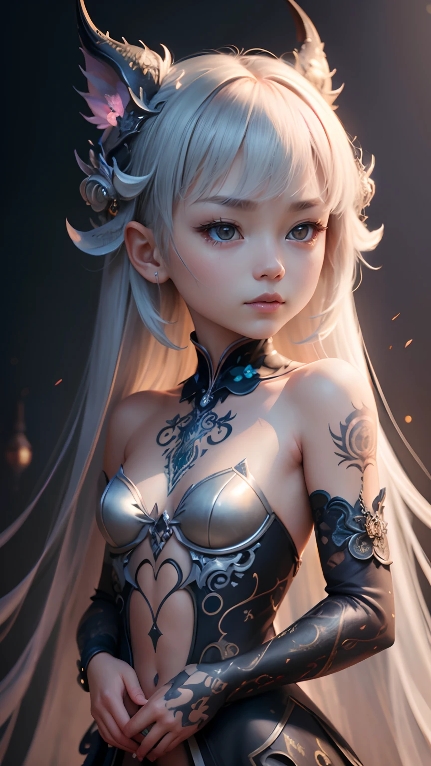 2  girl and cute little dragon with silver scales， Detailed eyes， adolable， concept-art， 复杂， highly detailed digital painting， Smoothness， tack sharp focus， illustratio， Amazing intricate details， Glowing filigree fantasy， A masterpiece of digital art， Center composition， perfect compositions， iintricate， Crazy detail for fine detail octane rendering， 8K， artsy photography， Arte conceptual fotorrealista， Soft natural volume The ideal light for movies， tmasterpiece， oil on the canvas， 复杂、ellegance、highly detailed digital artwork，neck tattoos，tattoos on the arms