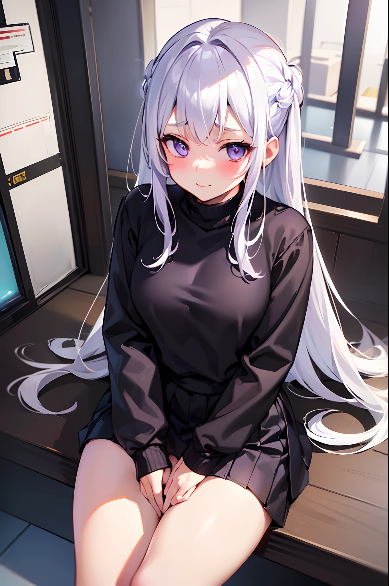 ((masterpiece)(1girl in)、white hair、Lilac glowing eyes、Down Style、Black sweater、a miniskirt、A slight smil、frontage、full bodyesbian、Sitting、red blush