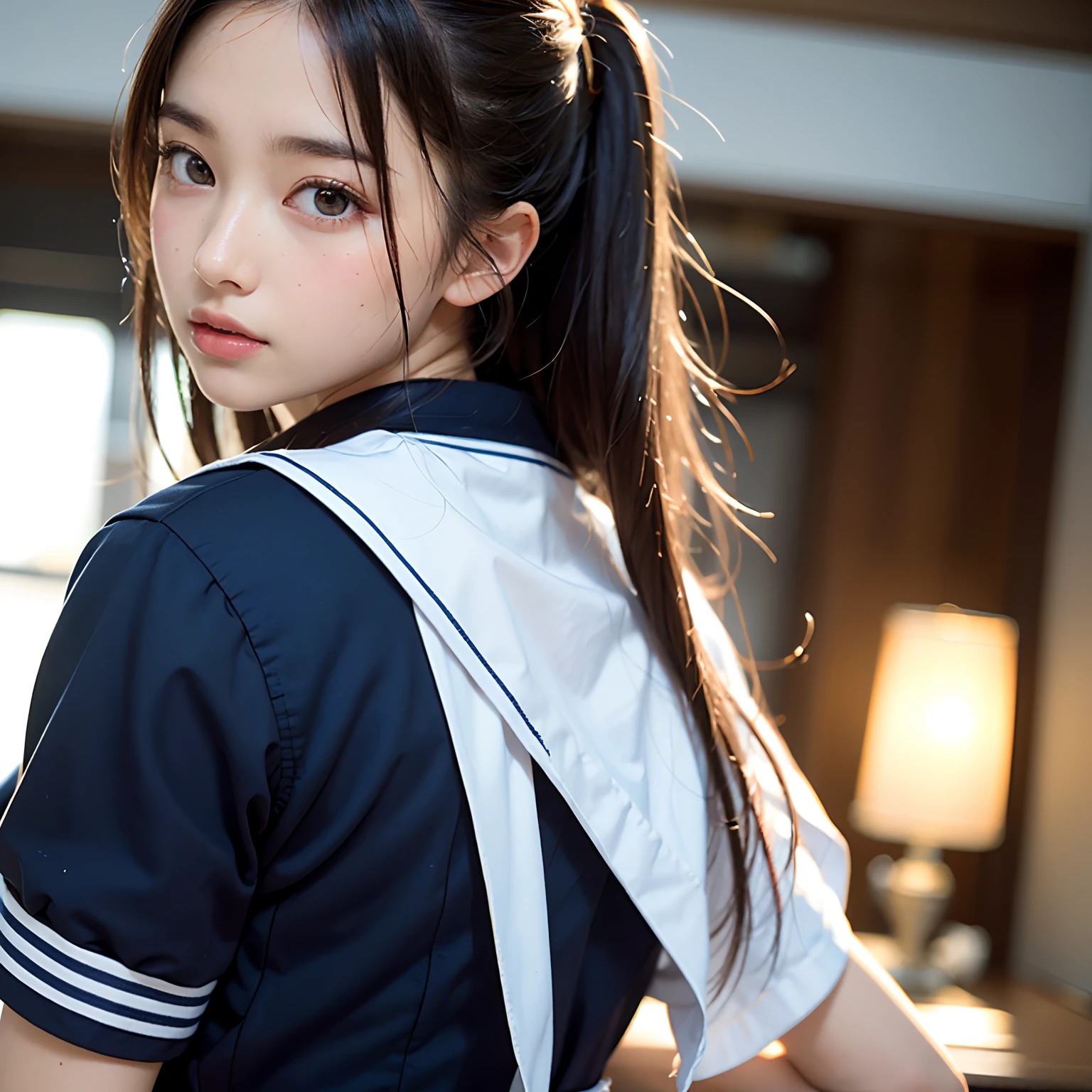 (masutepiece, Best Quality:1.2), 8K, Official art, Raw photo, Cute breasts、a blond、Full Bord Bill Four、Handcuffed and restrained、Hands behind your back、14years、small tits、Torn sailor suit、unbelievable Ridiculous, (Upper body、校服:1.4), Beautiful Girl, Pretty Face, arching back down,、Gold hair ornament on hair、close up, Sailor Suit, Short sleeve, violaceaess, , Looking at Viewer, Film grain, chromatic abberation, Sharp Focus, face lights, Dynamic lighting, Cinematic lighting, Eyes and faces with detailed, Bokeh background,