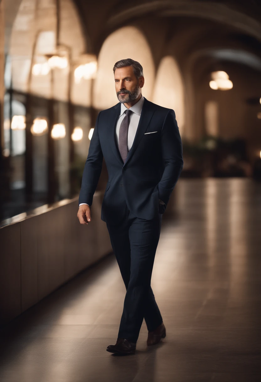 realistic image of middle-aged business professional, 100 ponds of weight, professionally dressed in a suit and tie, high-quality, highest resolution, standing position, hands down, professional, beautiful detailed slightly brownish eyes , beautiful detailed lips, short beard, graying short hair, kind expression, warm smile, distinguished look, proper lighting, plain background, clean image with no blurry effect, ultra-detailed texture,masterpiece:1.2