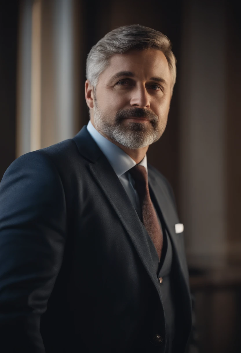 realistic image of middle-aged business professional, 100 ponds of weight, professionally dressed in a suit and tie, high-quality, highest resolution, standing position, hands down, professional, beautiful detailed slightly brownish eyes , beautiful detailed lips, short beard, graying short hair, kind expression, warm smile, distinguished look, proper lighting, plain background, clean image with no blurry effect, ultra-detailed texture,masterpiece:1.2