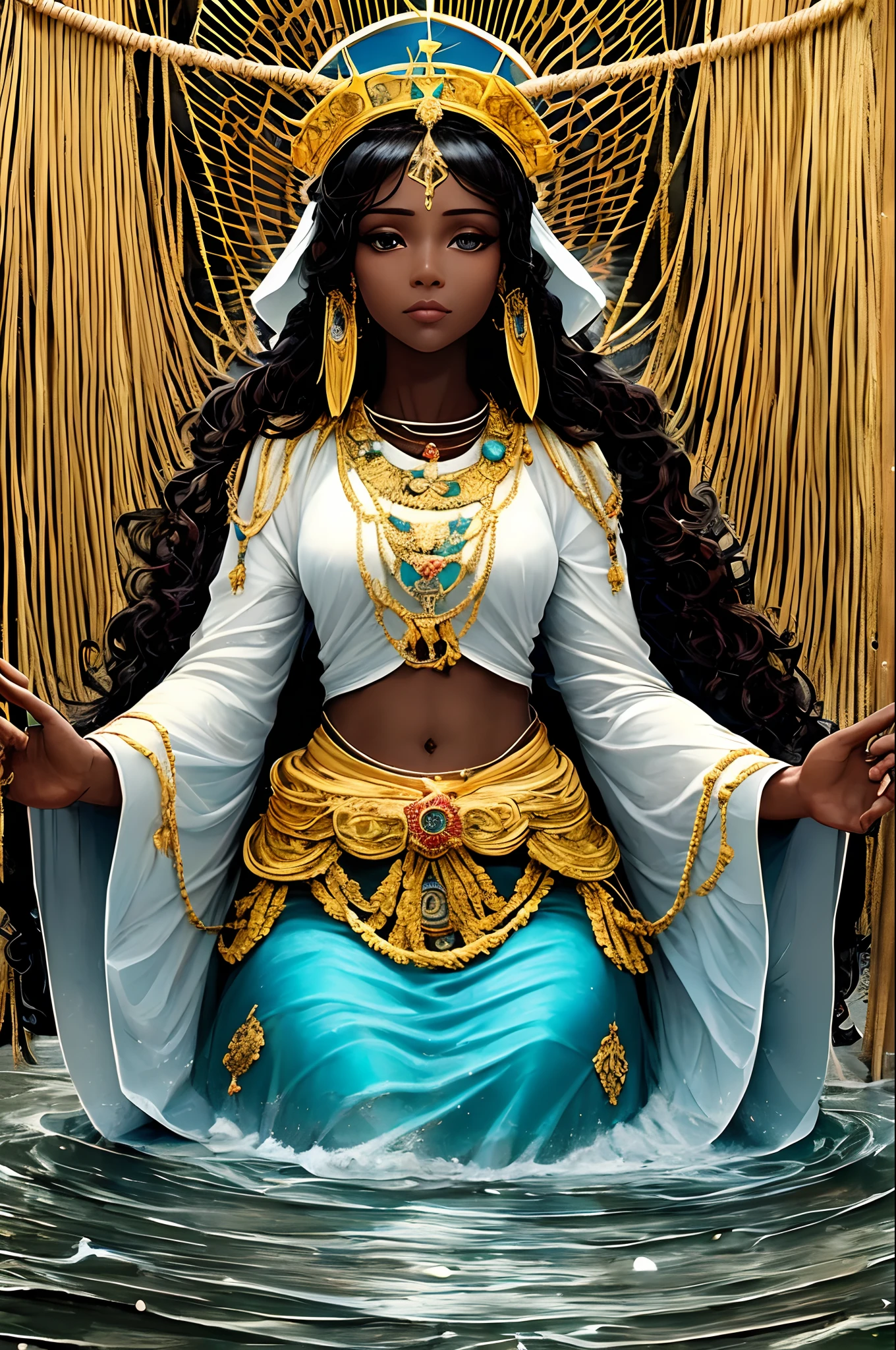 Our Lady Aparecida, patron saint of Brazil, inside a boat in the middle of the river with waves and a fishing net with some fish with blue robes and a gold crown on her head, black skin and brown eyes, long black hair, curly yellowish,, Oxum is considered the owner of fresh waters in both Candomblé and Umbanda (religion in which she is syncretized with Our Lady of the Conception, Catholic Saint). Candomblé Oxum All Gold Beasts Real Realistic Image HD 4k, Real Person, Real Realistic Human --auto --s2