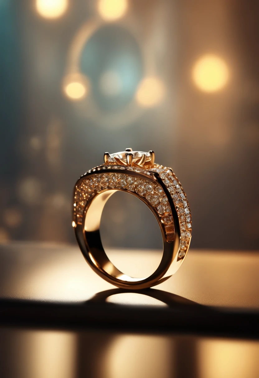 shinny ring, stand in showcase, studio lights, shinning and glowing effects, materialistic colors, blurred background, ultra realistic view, 24K UHD resolution, bokeh effects