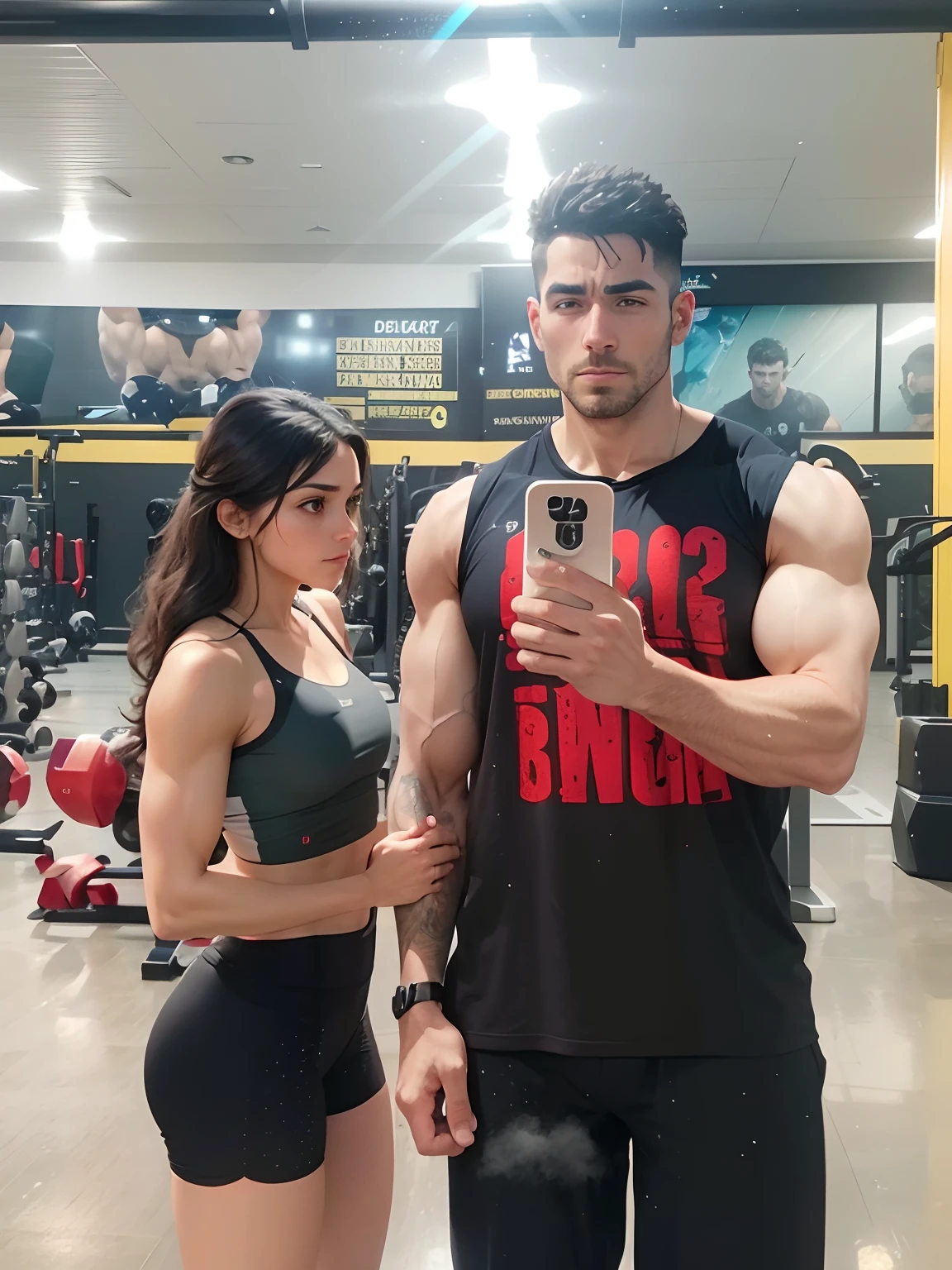 Um casal, a tem 18 anos, cabelos pretos e lisose olhos castanhos, de pele parda, nacionalidade brasileira, essa tem um corpo muito bonito, with a piercing in her navel and is wearing a tank top and gym shorts. O homem tem 18 anos, olhos pretos, cabelos pretos, de pele morena e um corpo malhado, he is also wearing gym clothes. The two are lovers and are at the gym together.