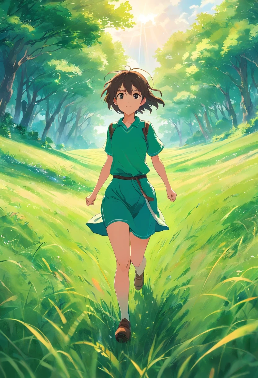 On a green meadow,There was a girl standing,Leading a group of knights。 Breaking She guides them to their destination with a brave expression。 Broken behind her,A green forest stretches out,Mountains in the distance。 Breaking the effect that best suits this scene is the watercolor technique,to capture the softness of the grass and the fluidity of movement。