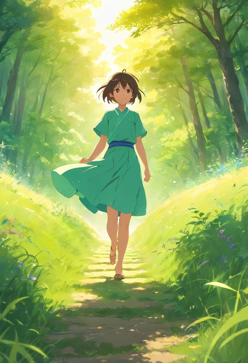 On a green meadow，There was a girl standing，Leading a group of knights。 Breaking She guides them to their destination with a brave expression。 Broken behind her，A green forest stretches out，Mountains in the distance。 Breaking the effect that best suits this scene is the watercolor technique，to capture the softness of the grass and the fluidity of movement。